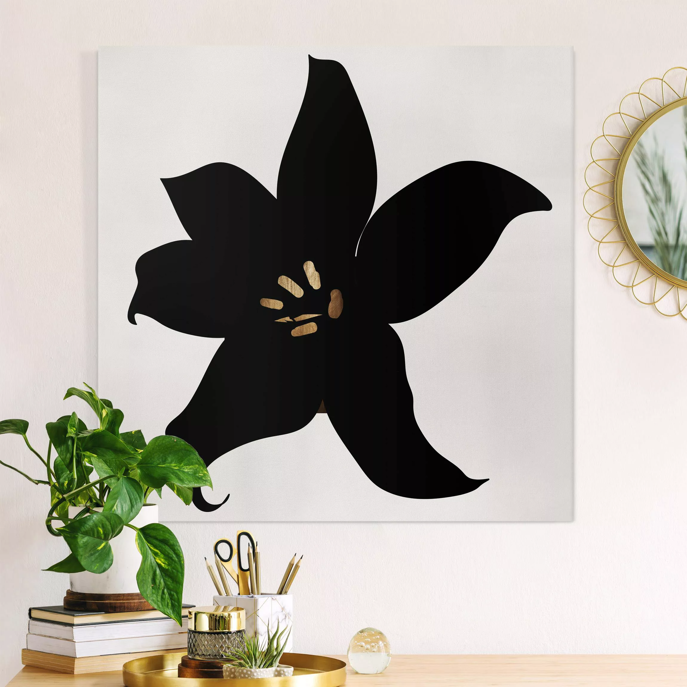 Leinwandbild Grafische Pflanzenwelt - Orchidee Schwarz und Gold günstig online kaufen