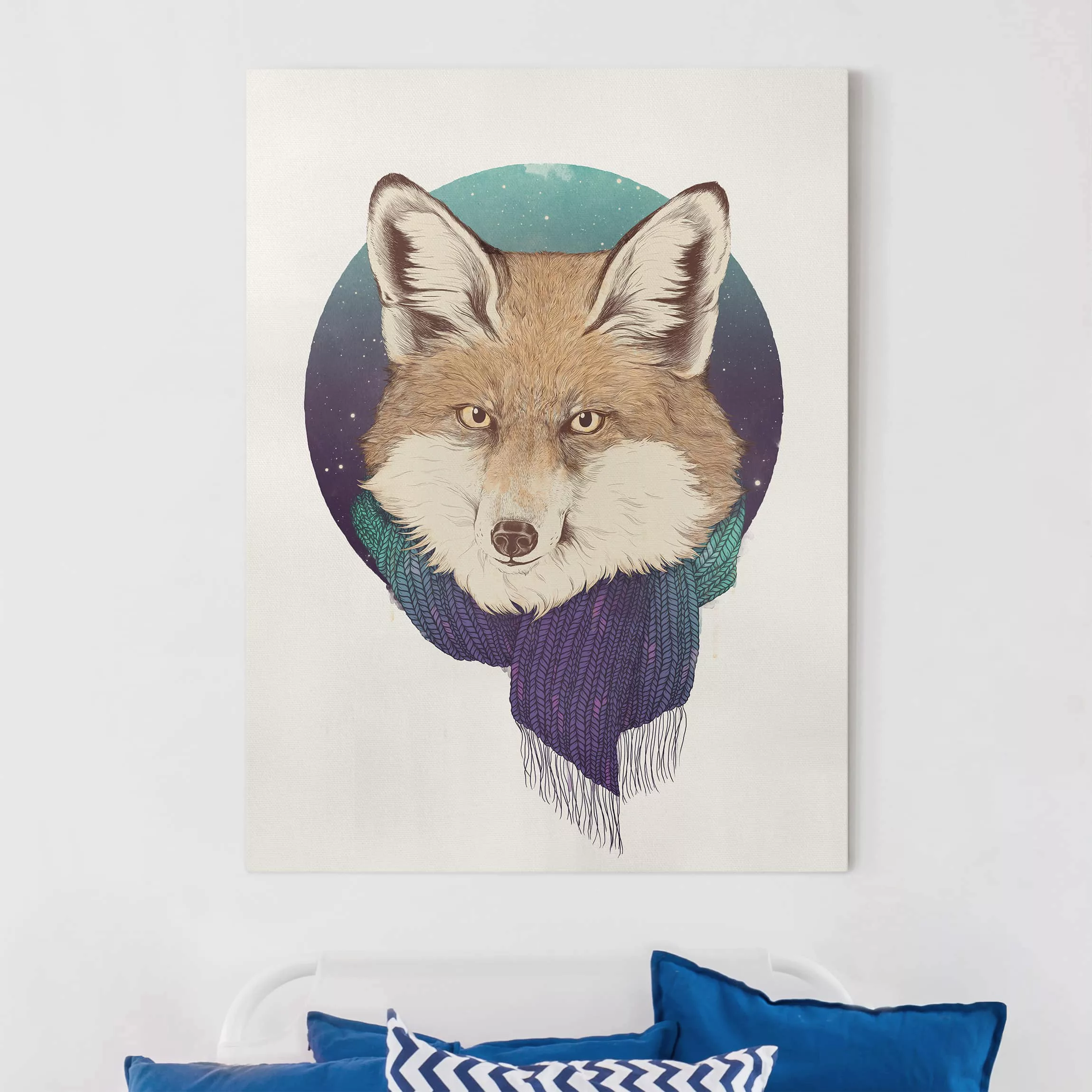 Leinwandbild Tiere - Hochformat Illustration Fuchs Mond Lila Türkis günstig online kaufen