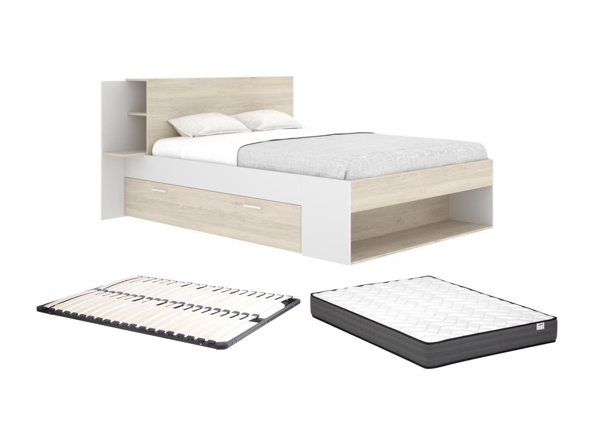 Bett mit Stauraum + Lattenrost + Matratze - 140 x 190 cm - Holzfarben & Wei günstig online kaufen