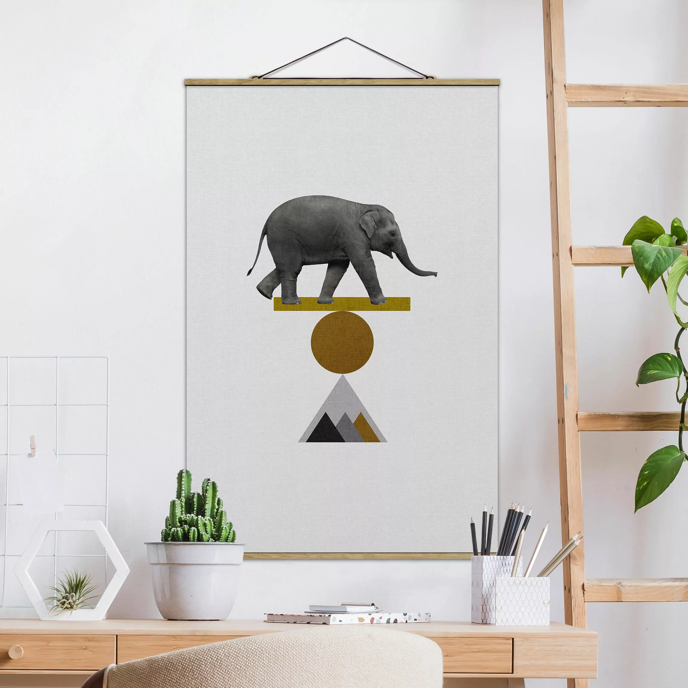 Stoffbild mit Posterleisten Balancekunst Elefant günstig online kaufen