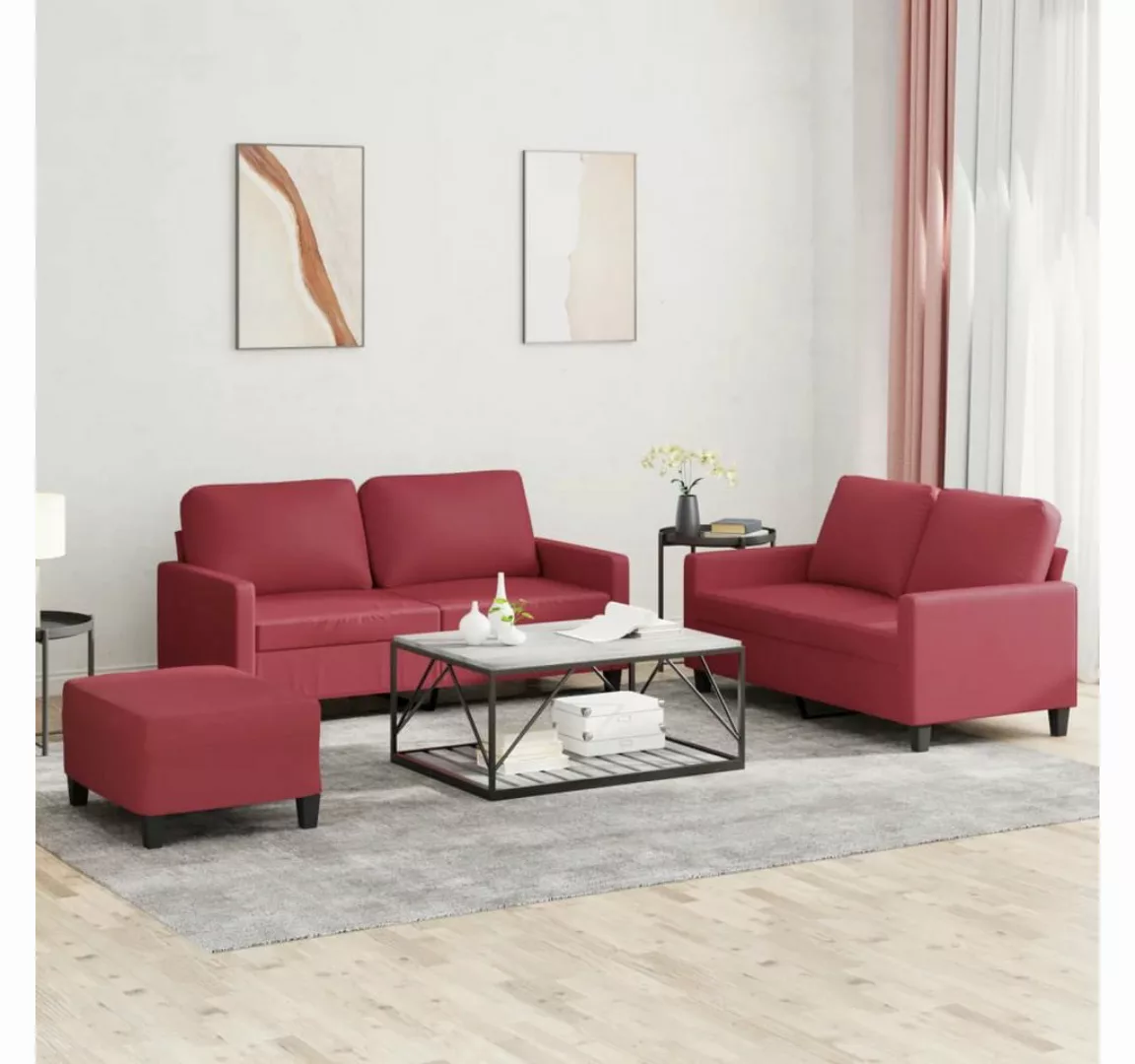 vidaXL Sofa, 3-tlg. Sofagarnitur mit Kissen Weinrot Kunstleder günstig online kaufen