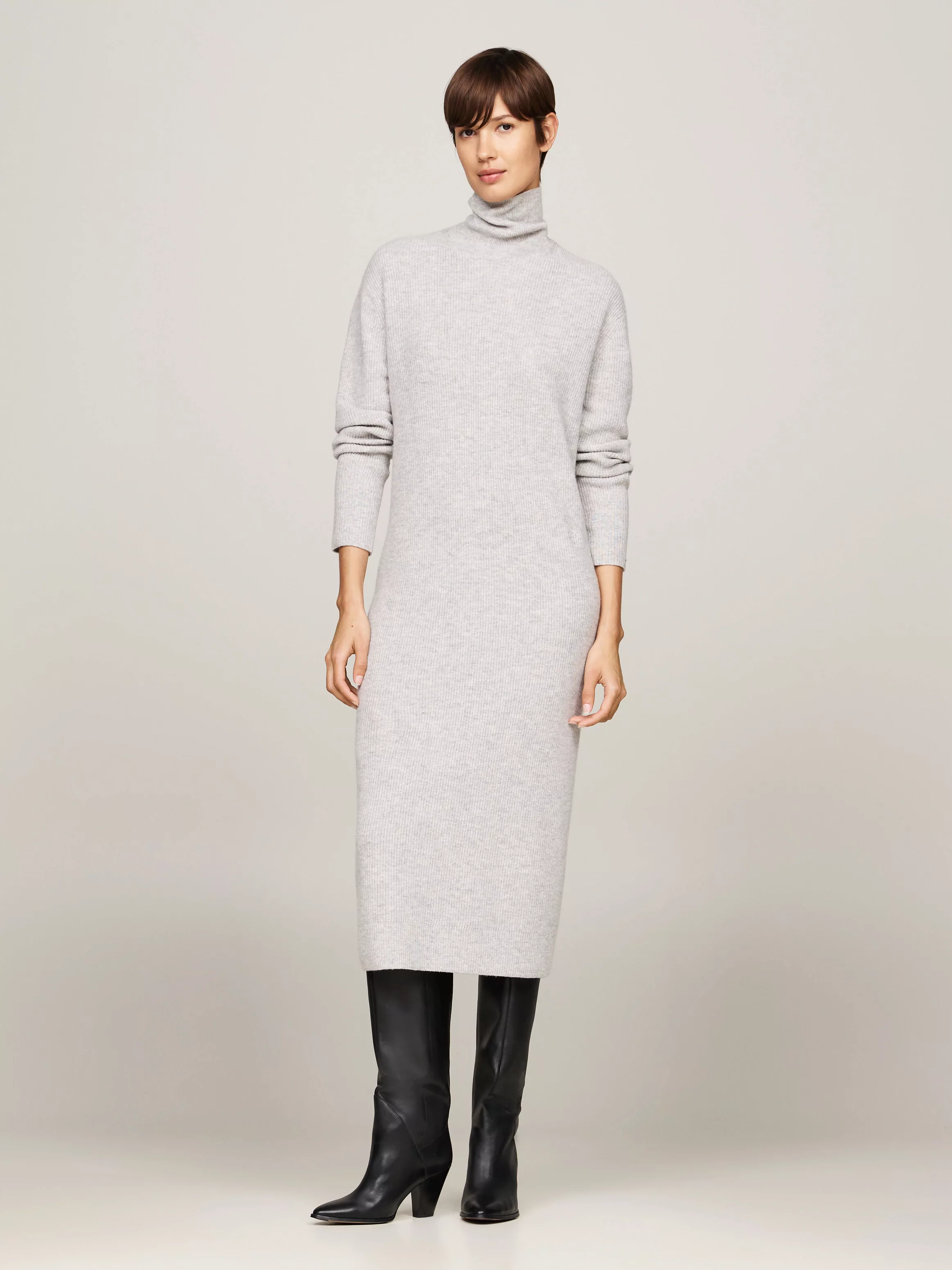 Tommy Hilfiger Strickkleid WOOL CASH ROLL-NK LONG DRESS mit Logostickerei, günstig online kaufen