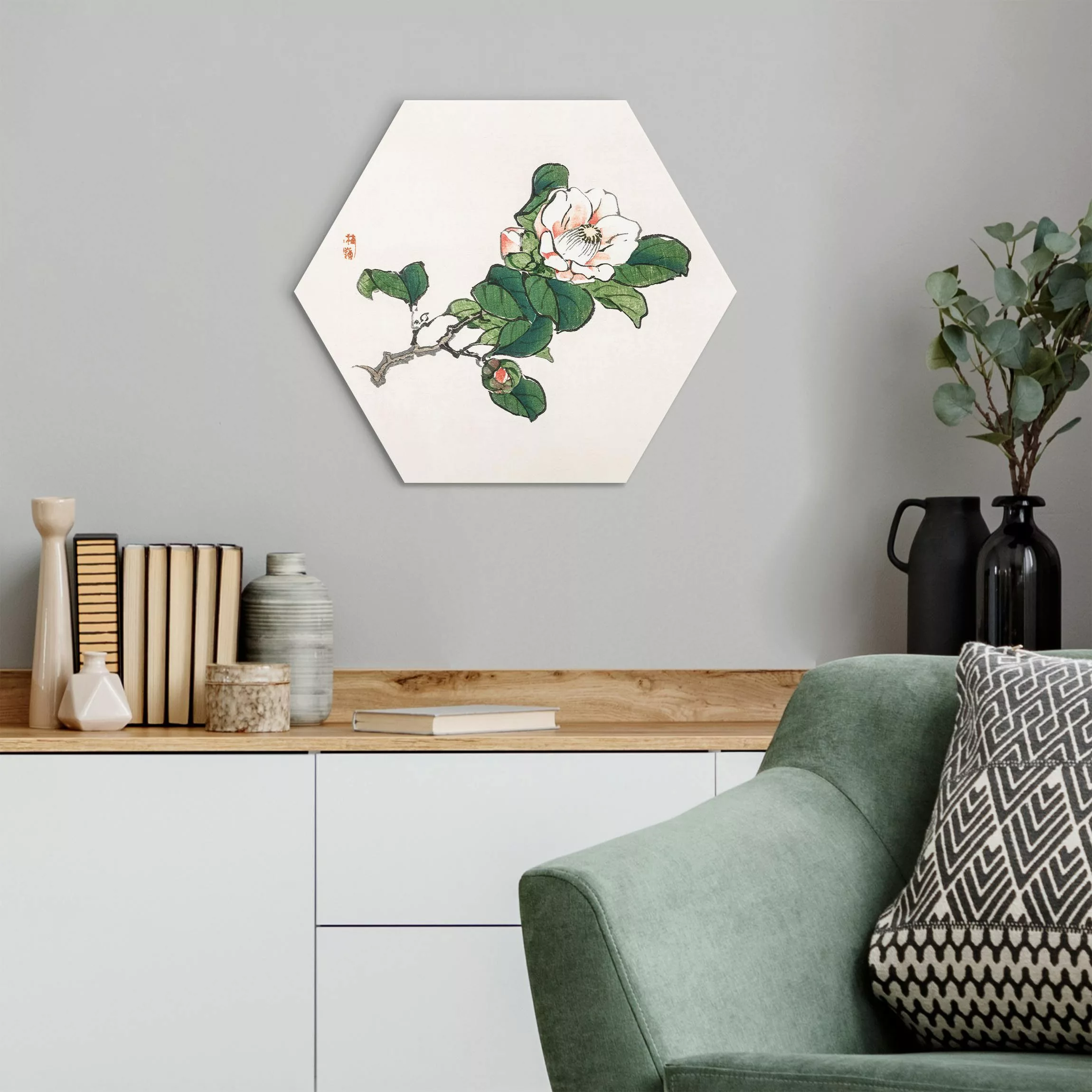 Hexagon-Alu-Dibond Bild Asiatische Vintage Zeichnung Apfelblüte günstig online kaufen