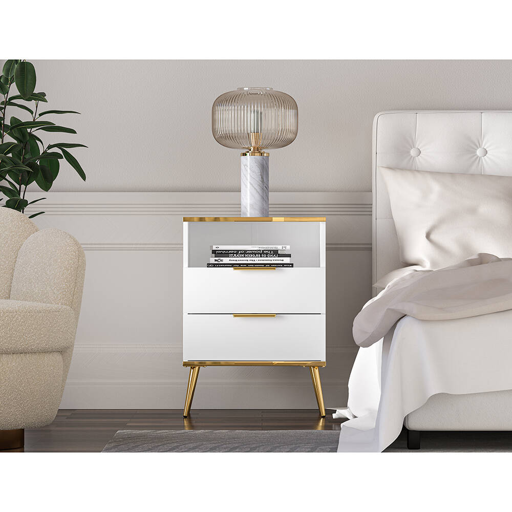 Nachttisch in weiß mit goldfarbenen Griffen, VLORA-131 günstig online kaufen