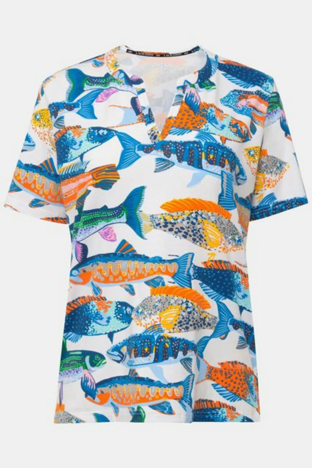 Laurasøn Rundhalsshirt T-Shirt Fische-Print Tunika-Ausschnitt Halbarm günstig online kaufen