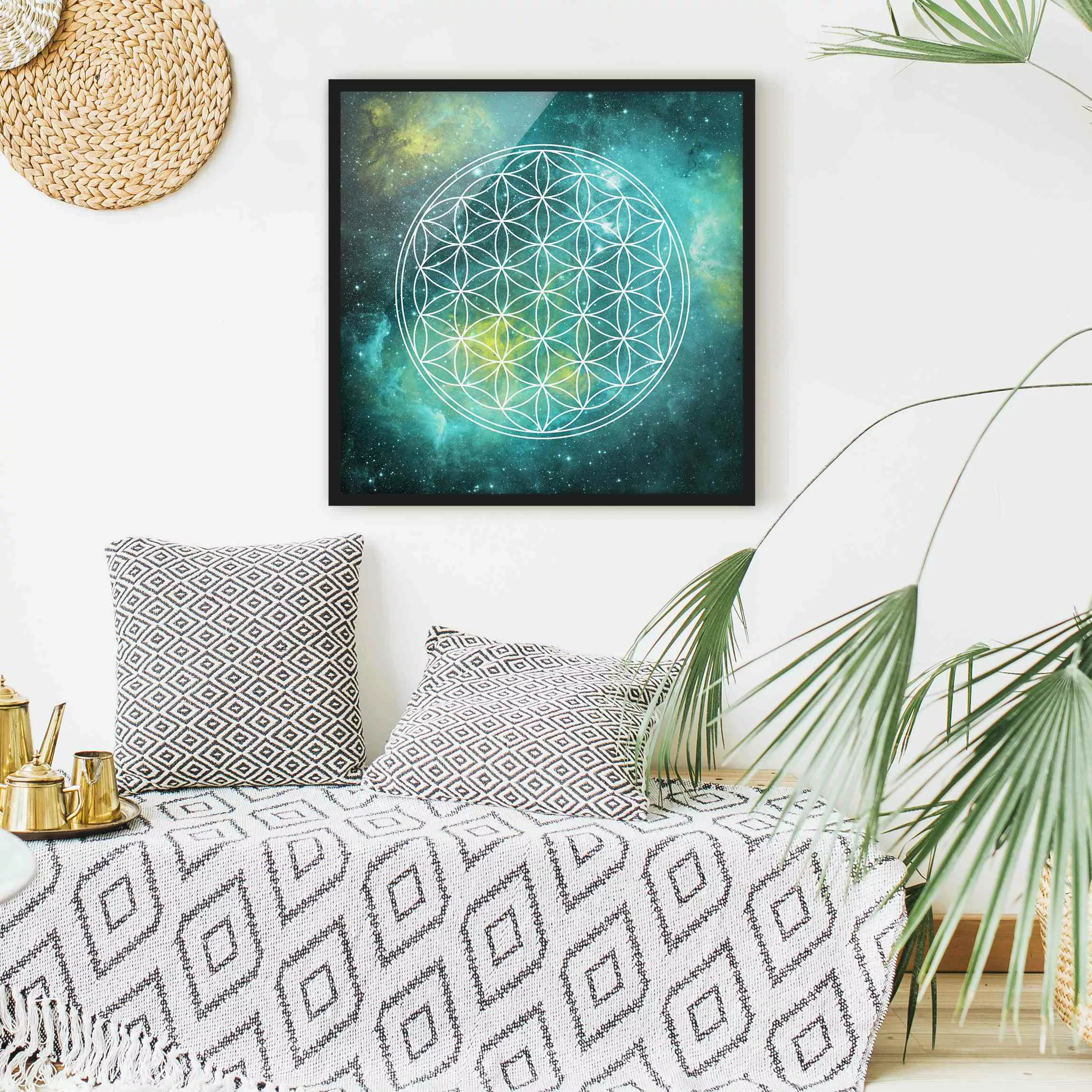 Bild mit Rahmen Blumen - Quadrat Blume des Lebens im Licht der Sterne günstig online kaufen