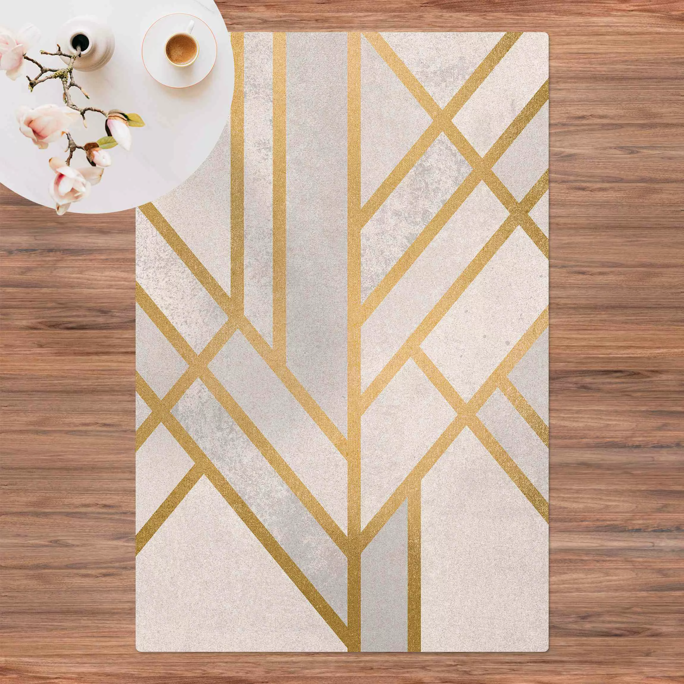 Kork-Teppich Art Deco Geometrie Weiß Gold günstig online kaufen