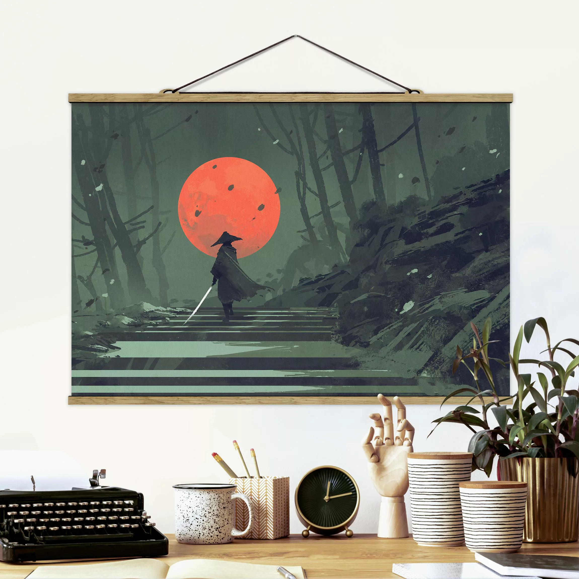 Stoffbild mit Posterleisten Ninja im roten Mondschein günstig online kaufen