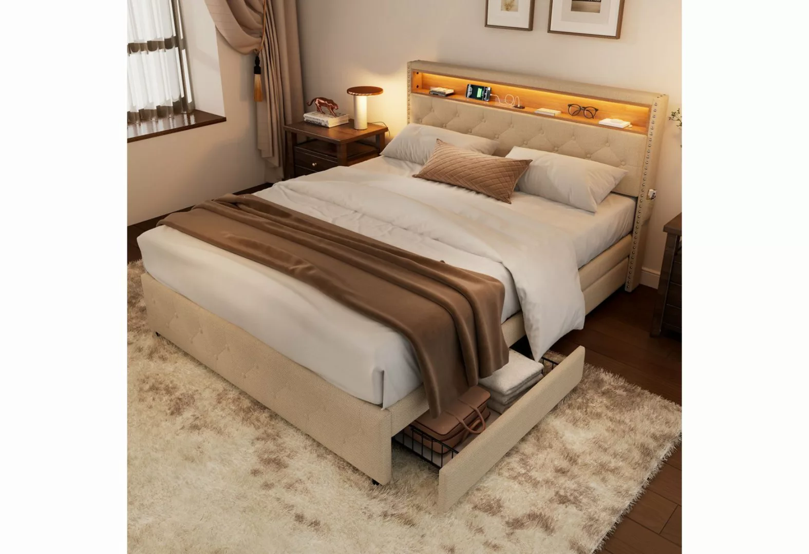 OKWISH Polsterbett Doppelbett (LED-Bett, Nachttisch-USB-Schnittstelle, Pols günstig online kaufen