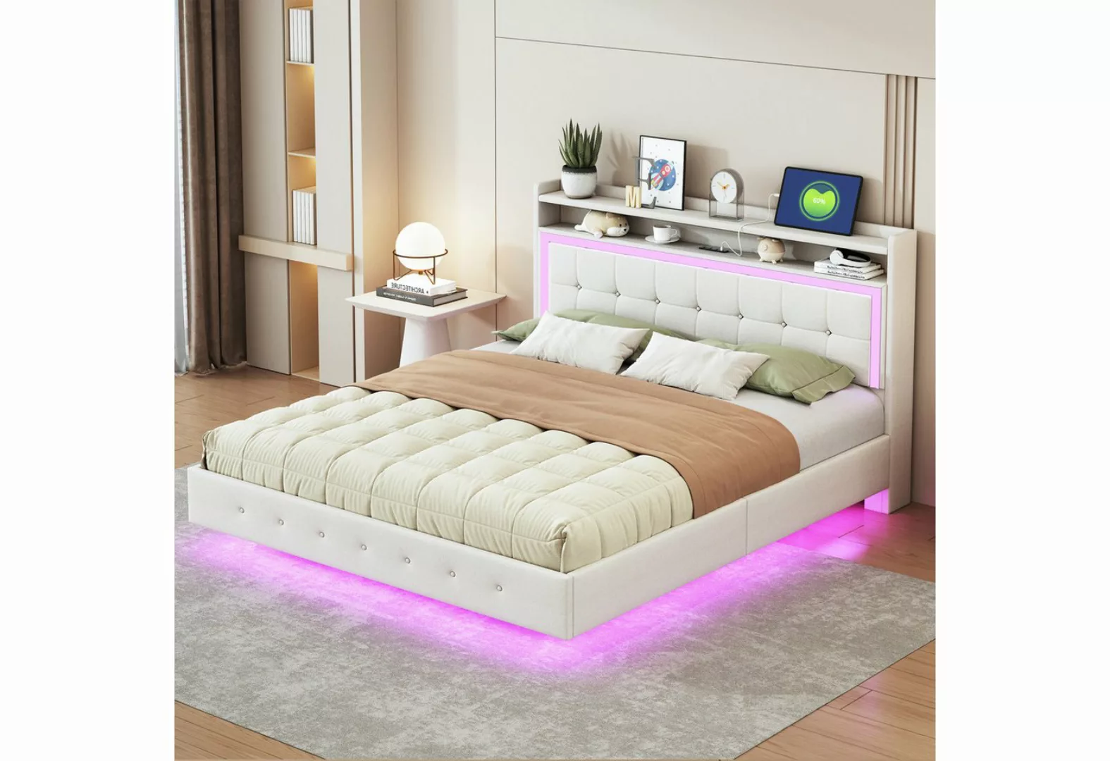 Gotagee Polsterbett Jugendbett LED Doppelbett mit USB-Steckdose Gästebett f günstig online kaufen