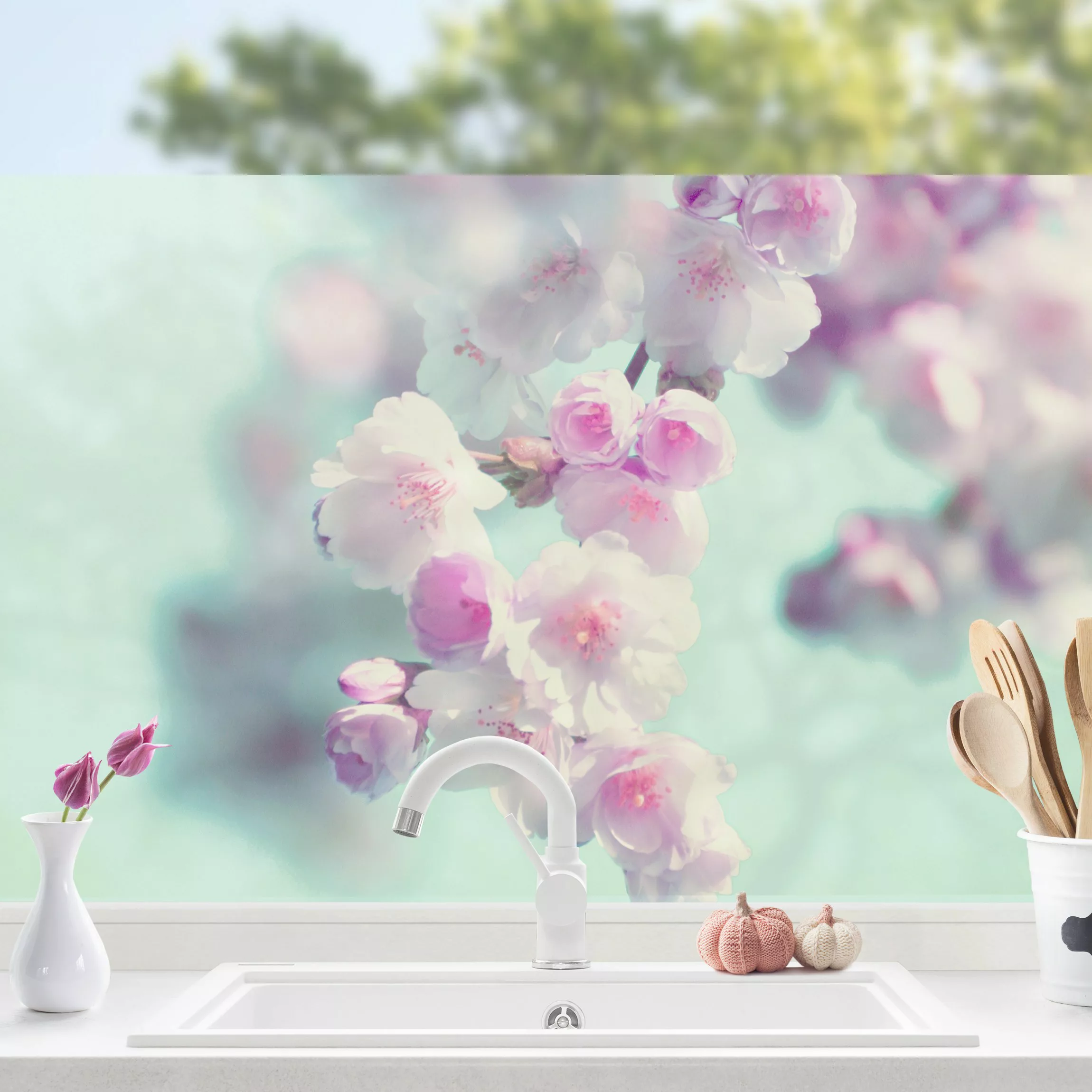 Fensterfolie Farbenfrohe Kirschblüten günstig online kaufen