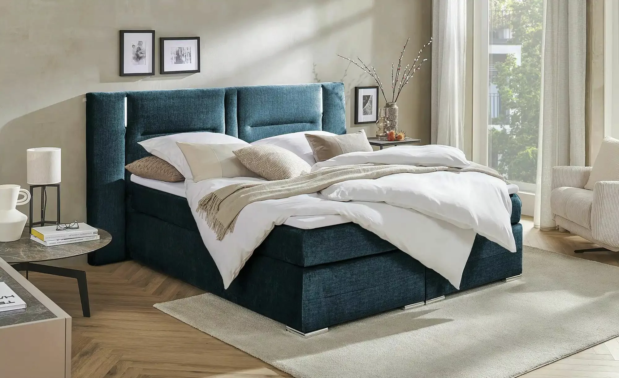 uno Boxspringbett  Aston ¦ blau ¦ Maße (cm): B: 193 H: 120 Betten > Einzelb günstig online kaufen