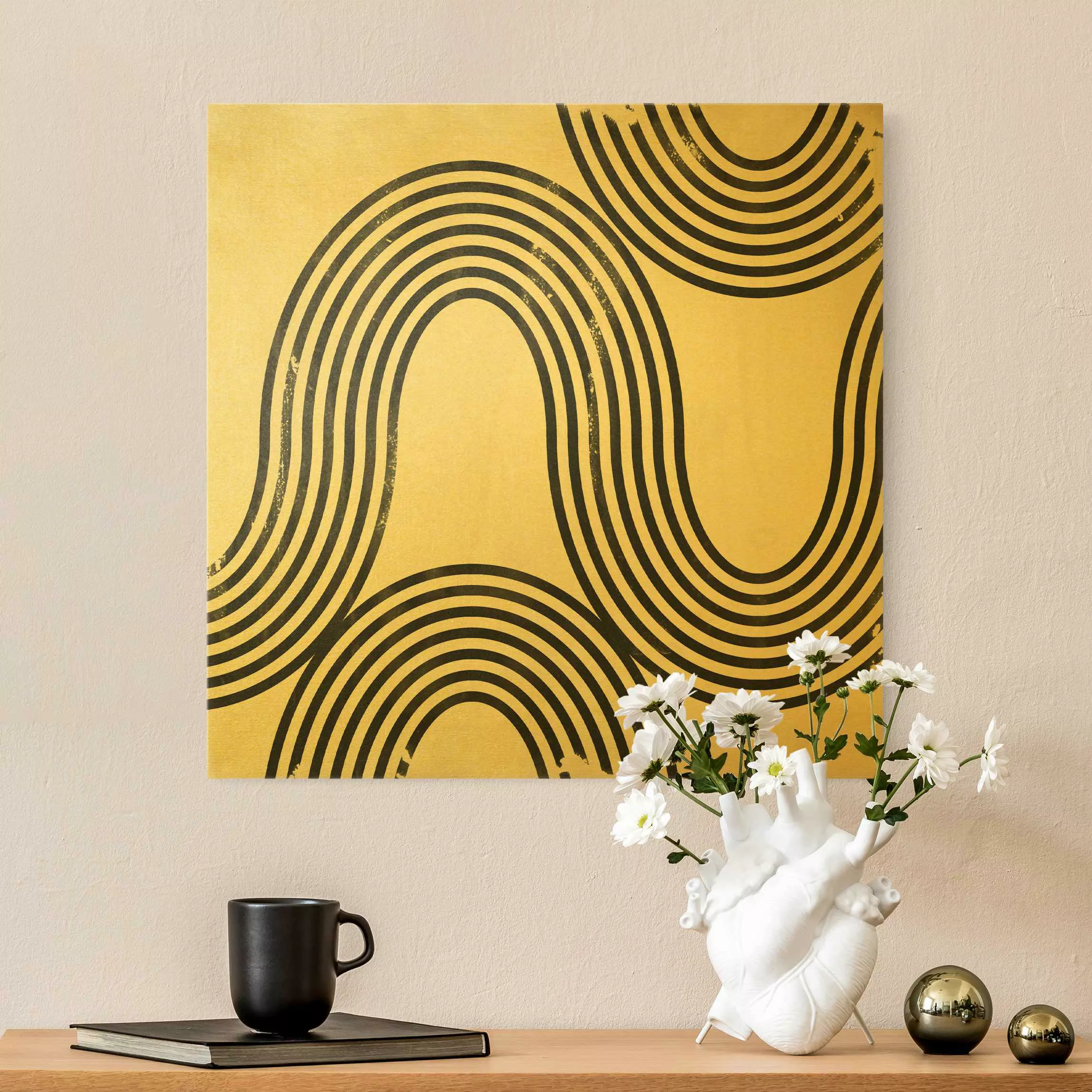 Leinwandbild Gold Geometrische Wellen Schwarz Weiß I günstig online kaufen