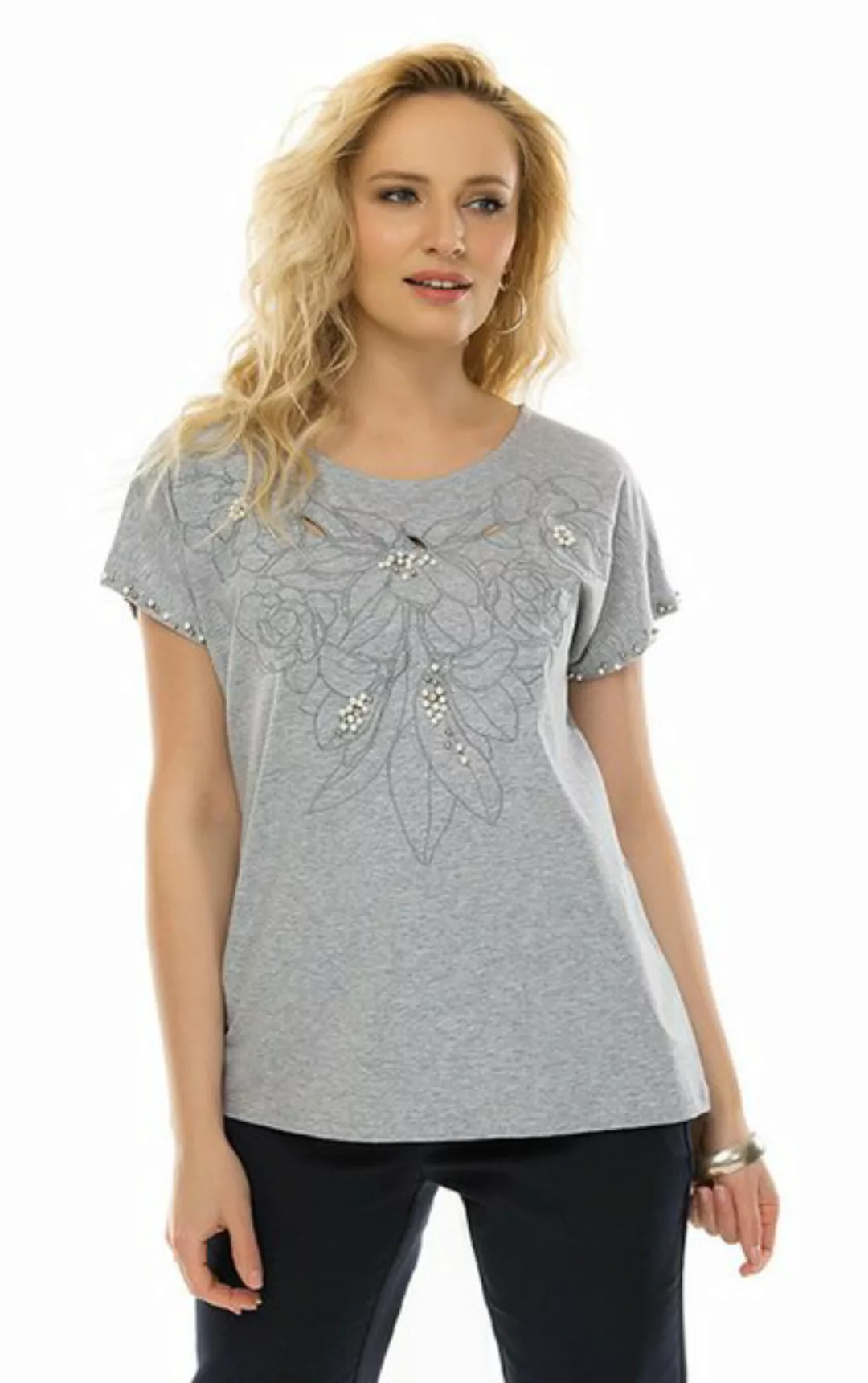 Passioni T-Shirt Sommershirt in Grau, mit floralem Muster und Perlenverzier günstig online kaufen