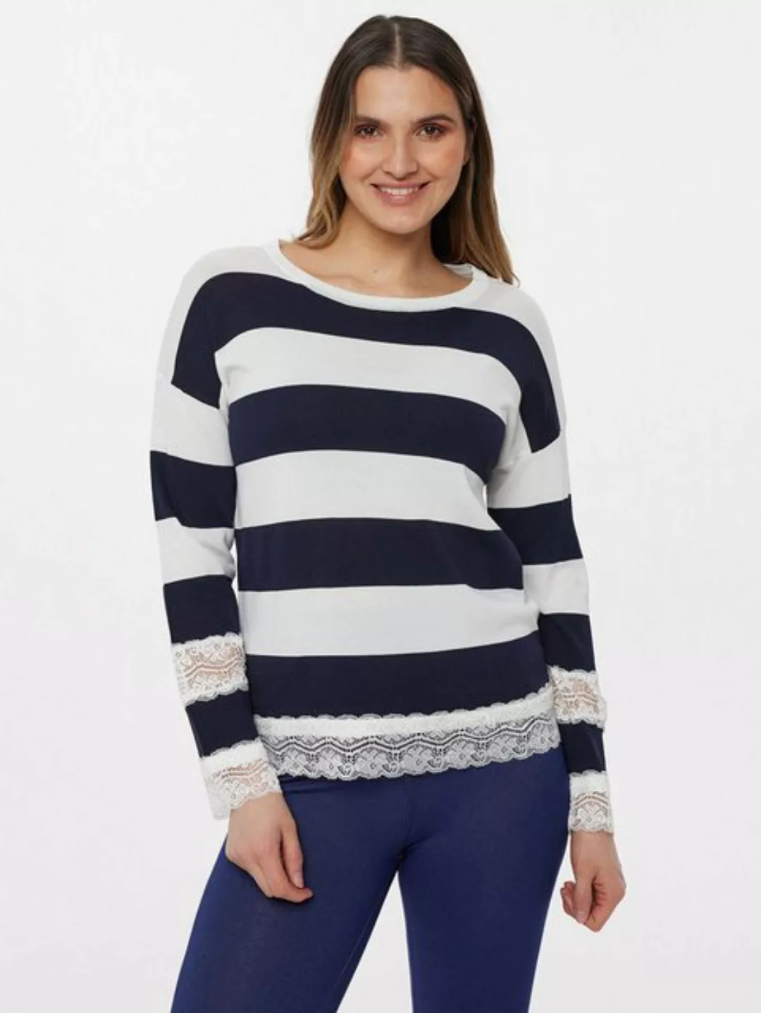 MIALUSSO Strickpullover Langarmshirt mit Spitzenbordüre günstig online kaufen