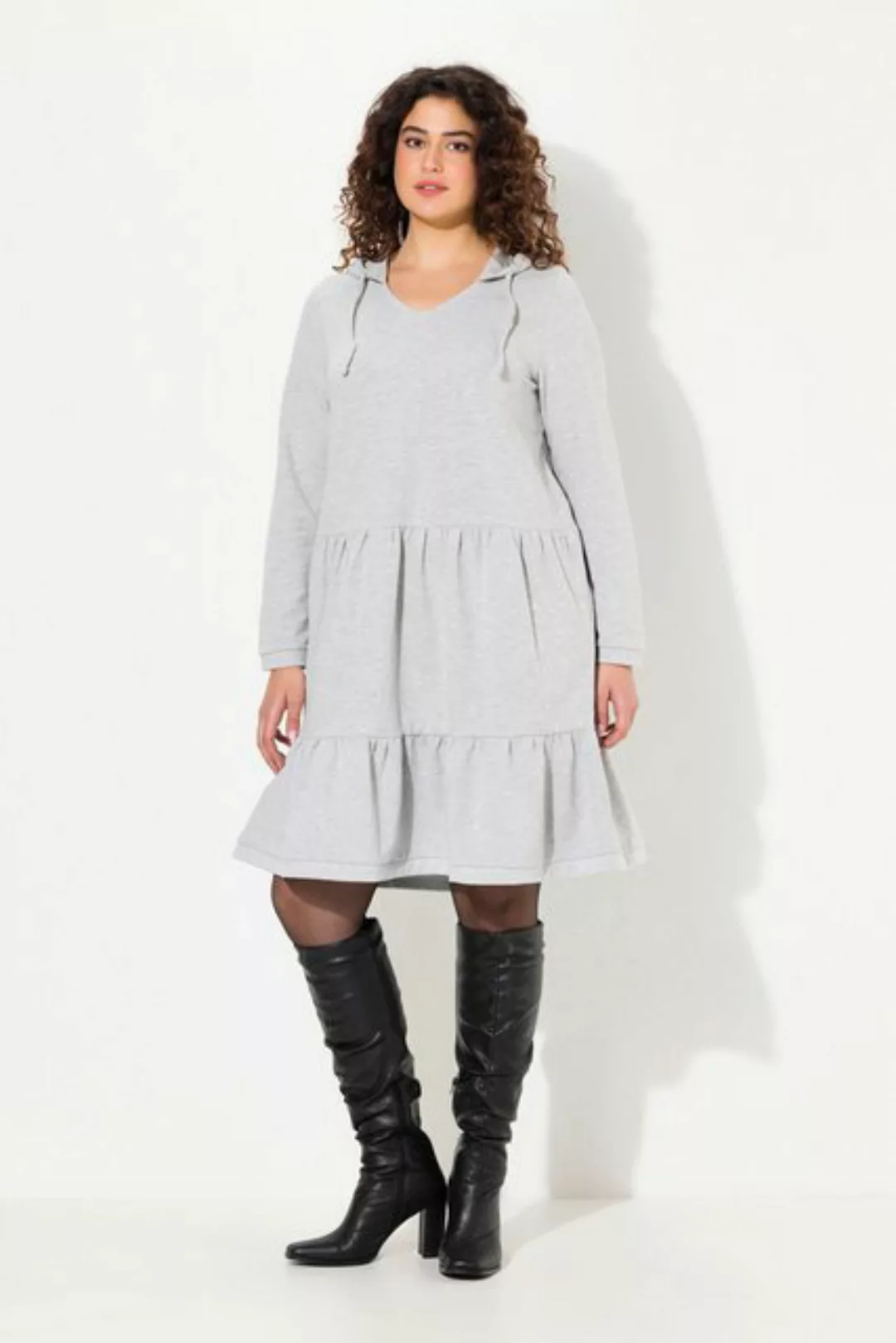 Ulla Popken Midikleid Sweatkleid Kapuze A-Linie V-Ausschnitt Langarm günstig online kaufen