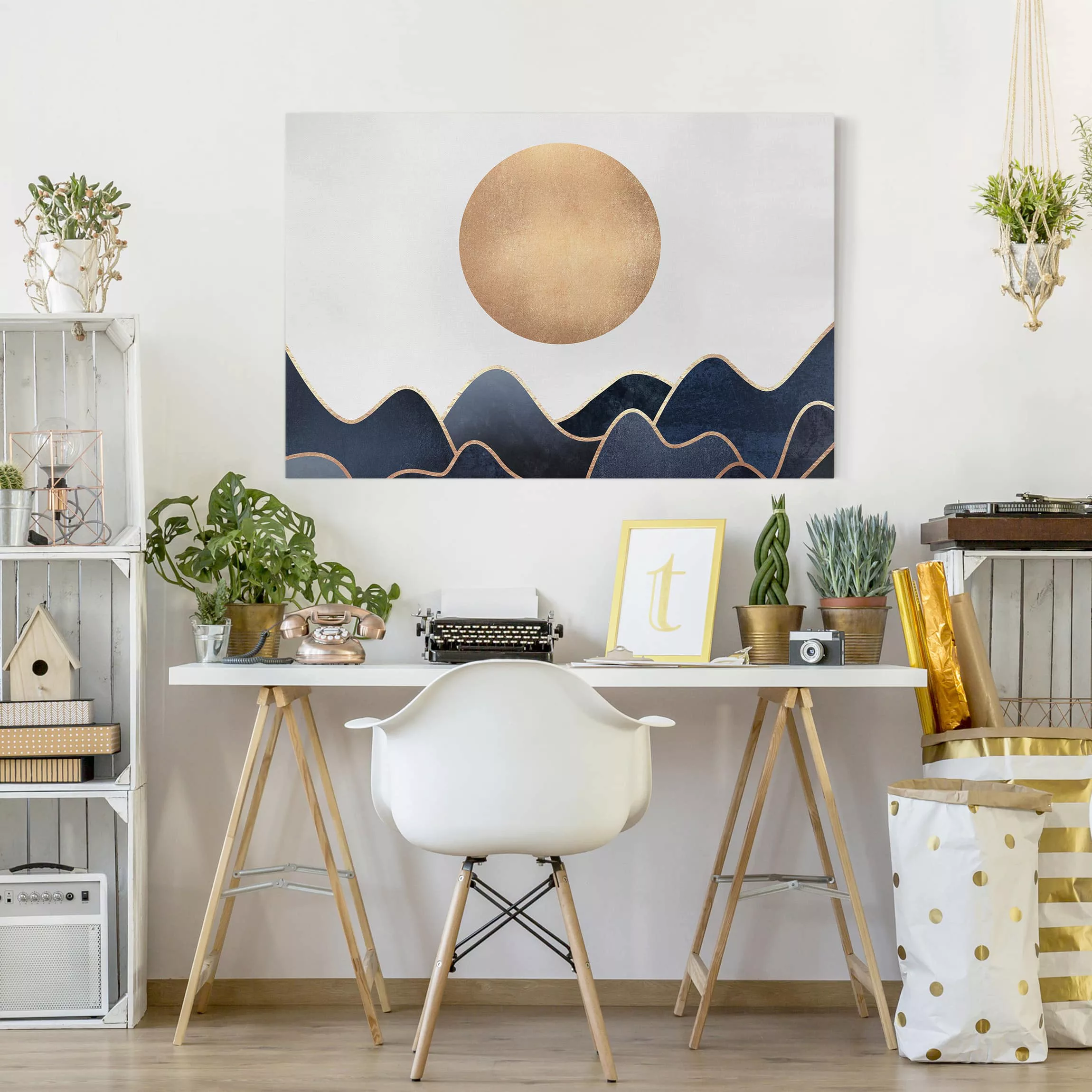 Leinwandbild Abstrakt - Querformat Goldene Sonne blaue Wellen günstig online kaufen