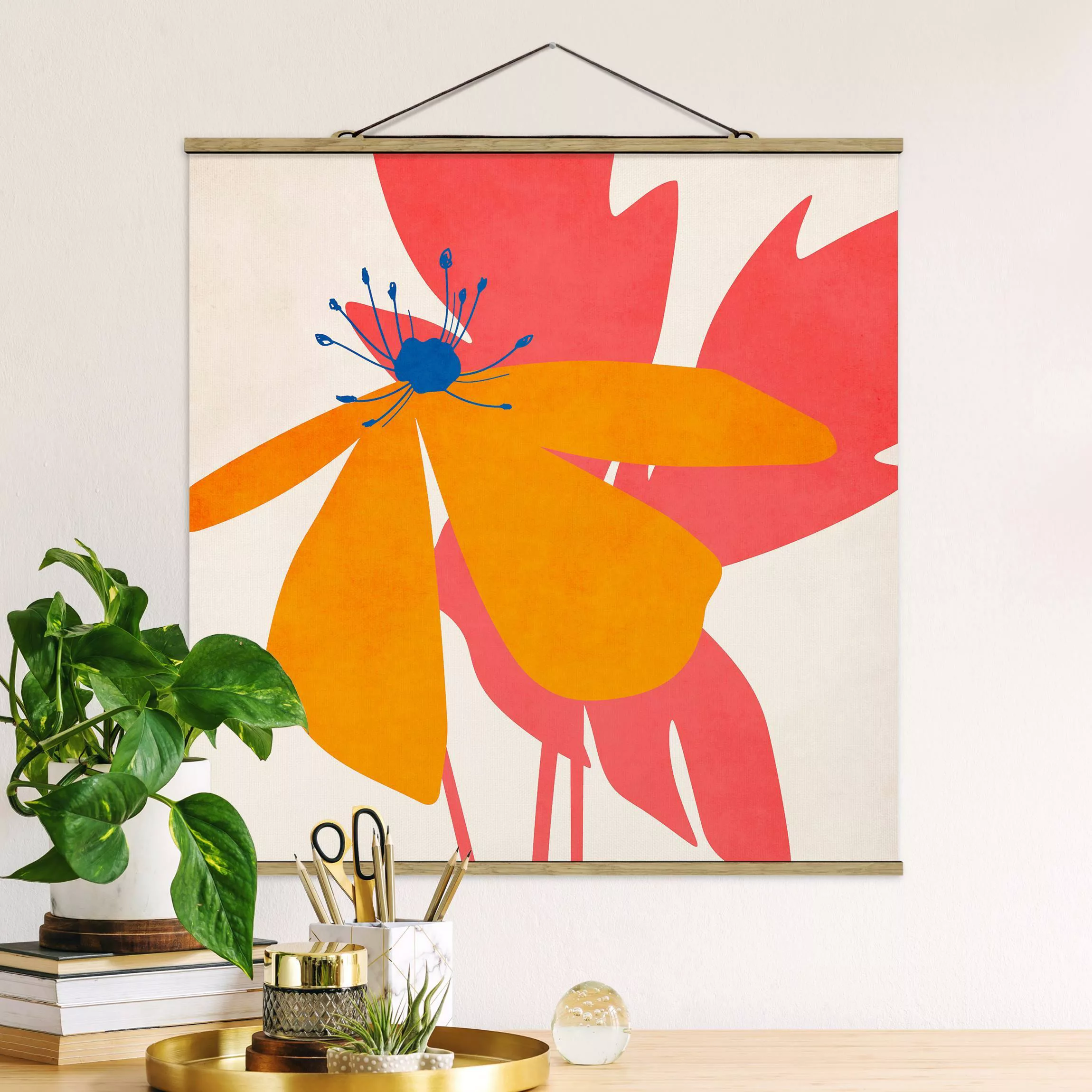 Stoffbild mit Posterleisten Florale Schönheit Rosa und Orange günstig online kaufen