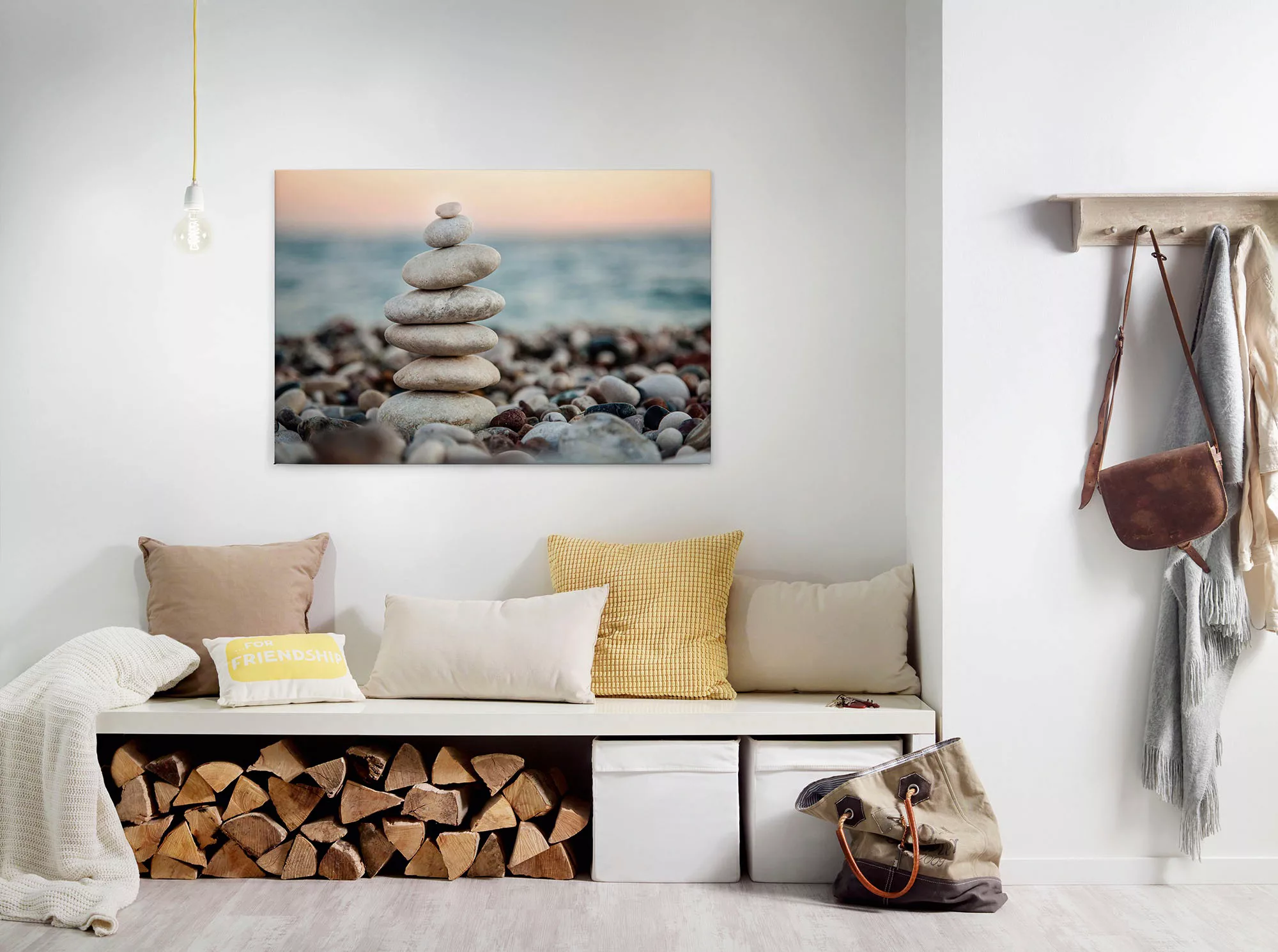 Bricoflor Bild Mit Steinen Auf Leinwand Strand Wandbild Mit Steinmännchen I günstig online kaufen