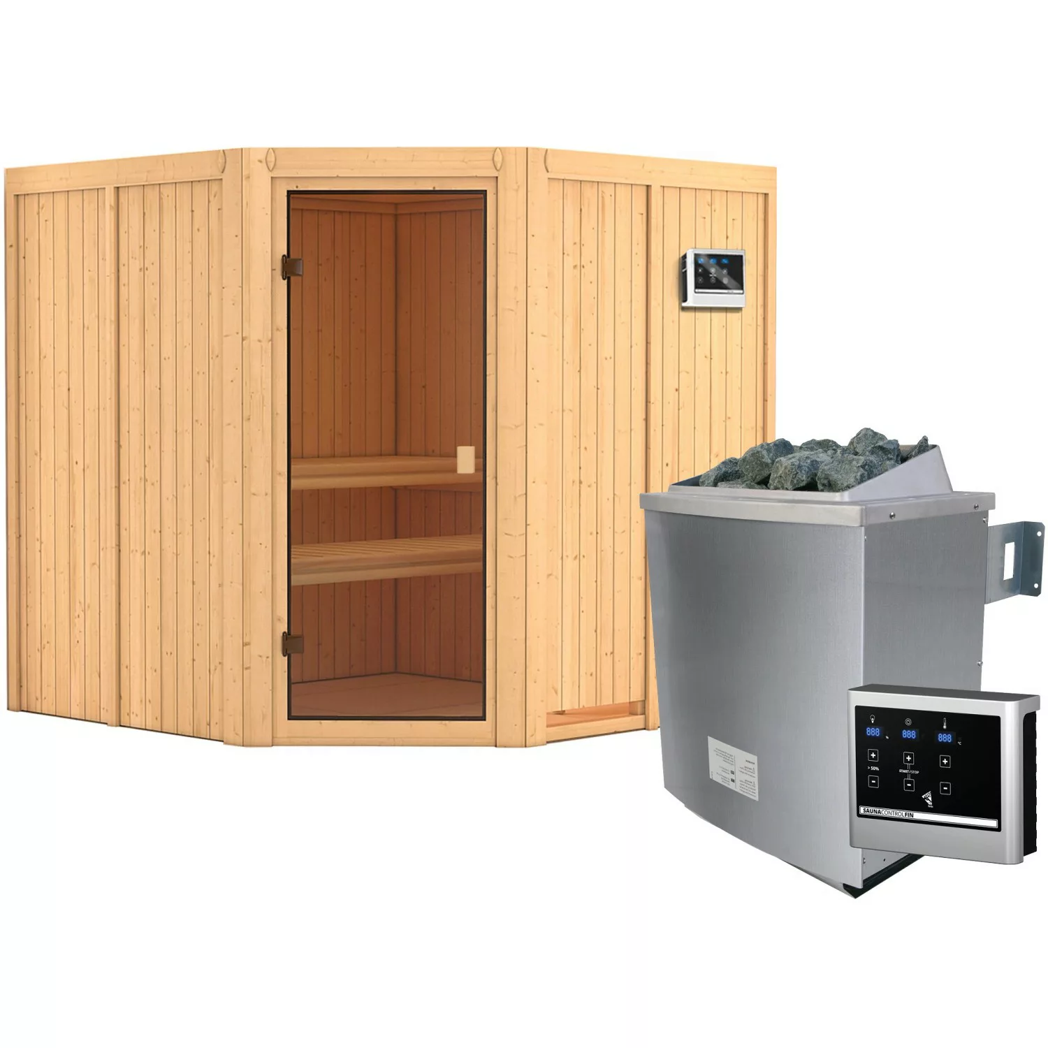 Karibu Sauna Kotka inkl. 9 kW Ofen mit ext. Strg., Glastür Bronziert günstig online kaufen