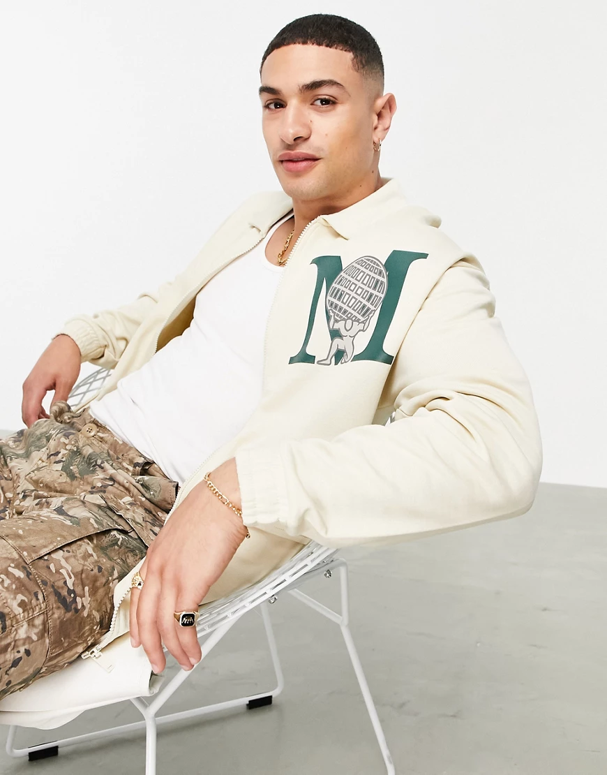 ASOS DESIGN – Oversize-Trainerjacke aus Jersey in Beige mit Logoprint auf d günstig online kaufen