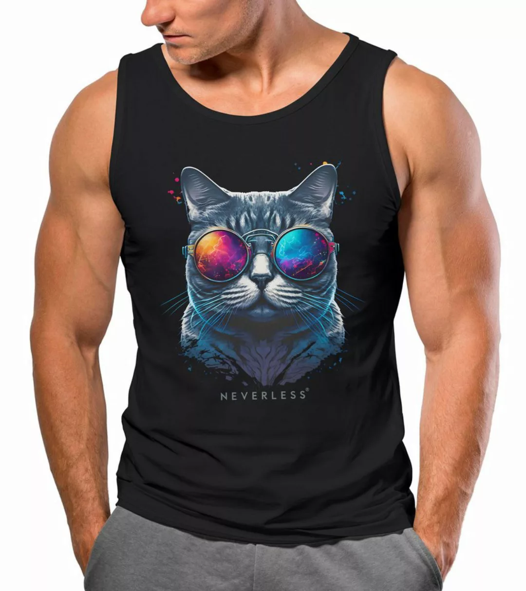 Neverless Tanktop Herren Tank-Top Aufdruck Katze Cat Sommer Style Fashion S günstig online kaufen