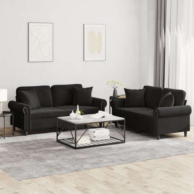 vidaXL Sofa 2-tlg. Sofagarnitur mit Kissen Schwarz Samt günstig online kaufen