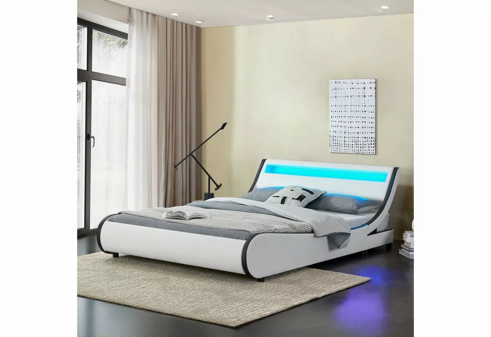 Juskys Polsterbett Valencia, 140 x 200 cm, Doppelbett mit Lattenrost, LED-B günstig online kaufen