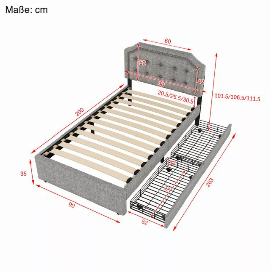 SOFTWEARY Polsterbett mit Lattenrost und 2 Schubladen (90x200 cm), höhenver günstig online kaufen