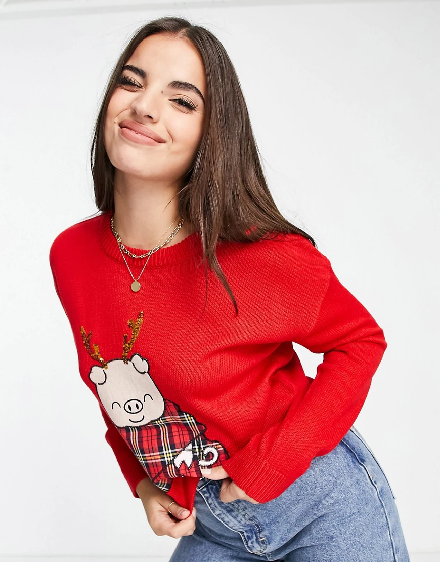 Brave Soul – Weihnachtspullover mit Schweinchen-mit-Decke-Motiv-Rot günstig online kaufen
