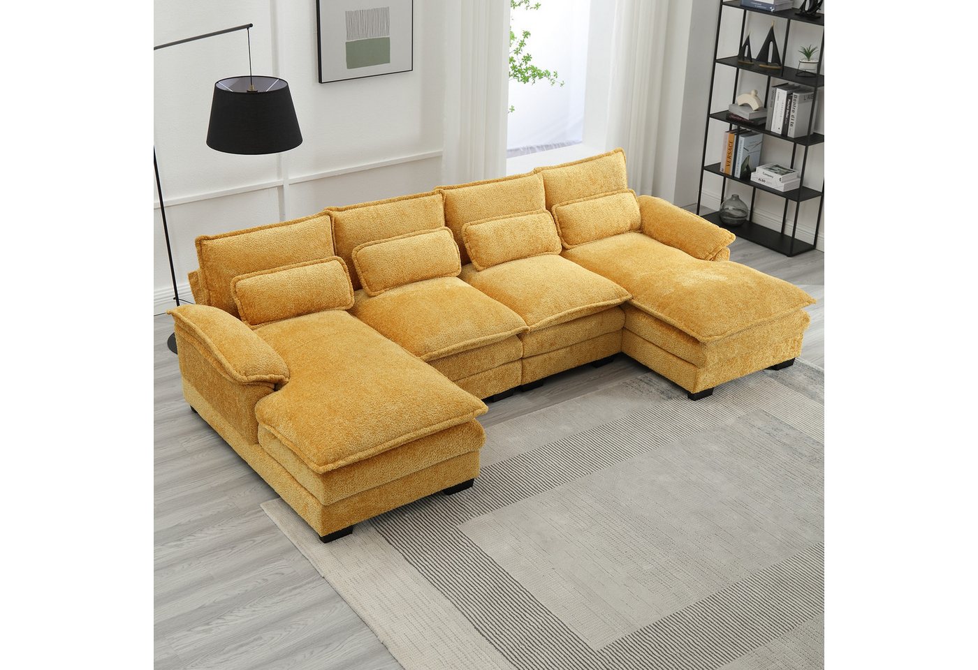 KLAM HOME Sofa Modernes U-förmiges 4-Sitzer Sofa mit Lendenkissen und Holzs günstig online kaufen