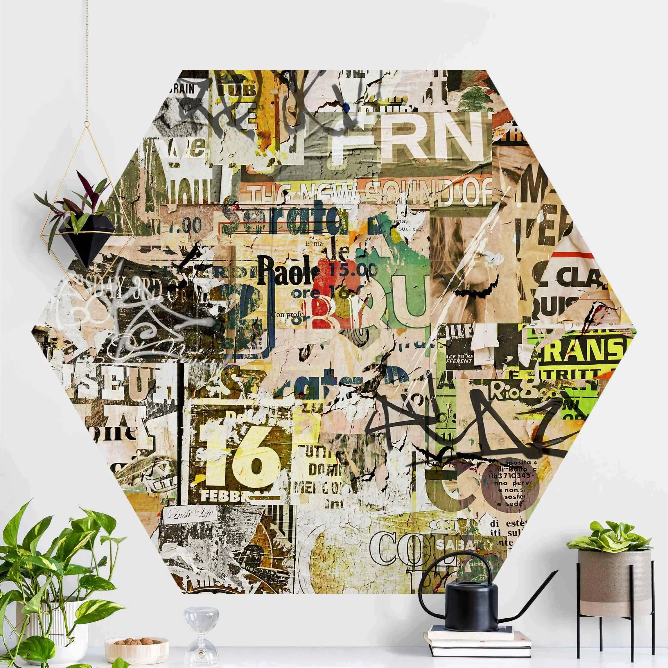 Hexagon Mustertapete selbstklebend Alte Plakatwand günstig online kaufen