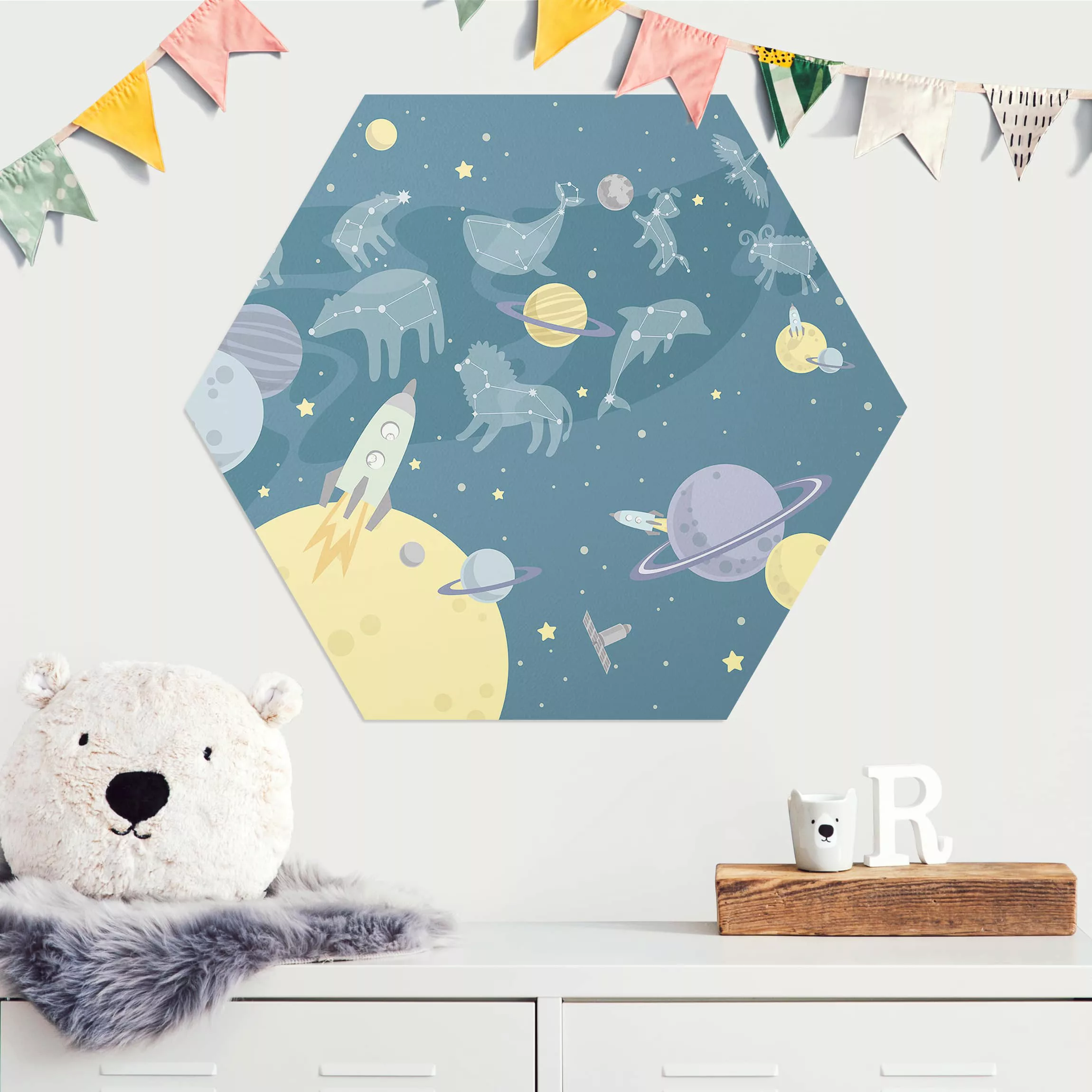 Hexagon-Alu-Dibond Bild Kinderzimmer Planeten mit Sternzeichen und Raketen günstig online kaufen