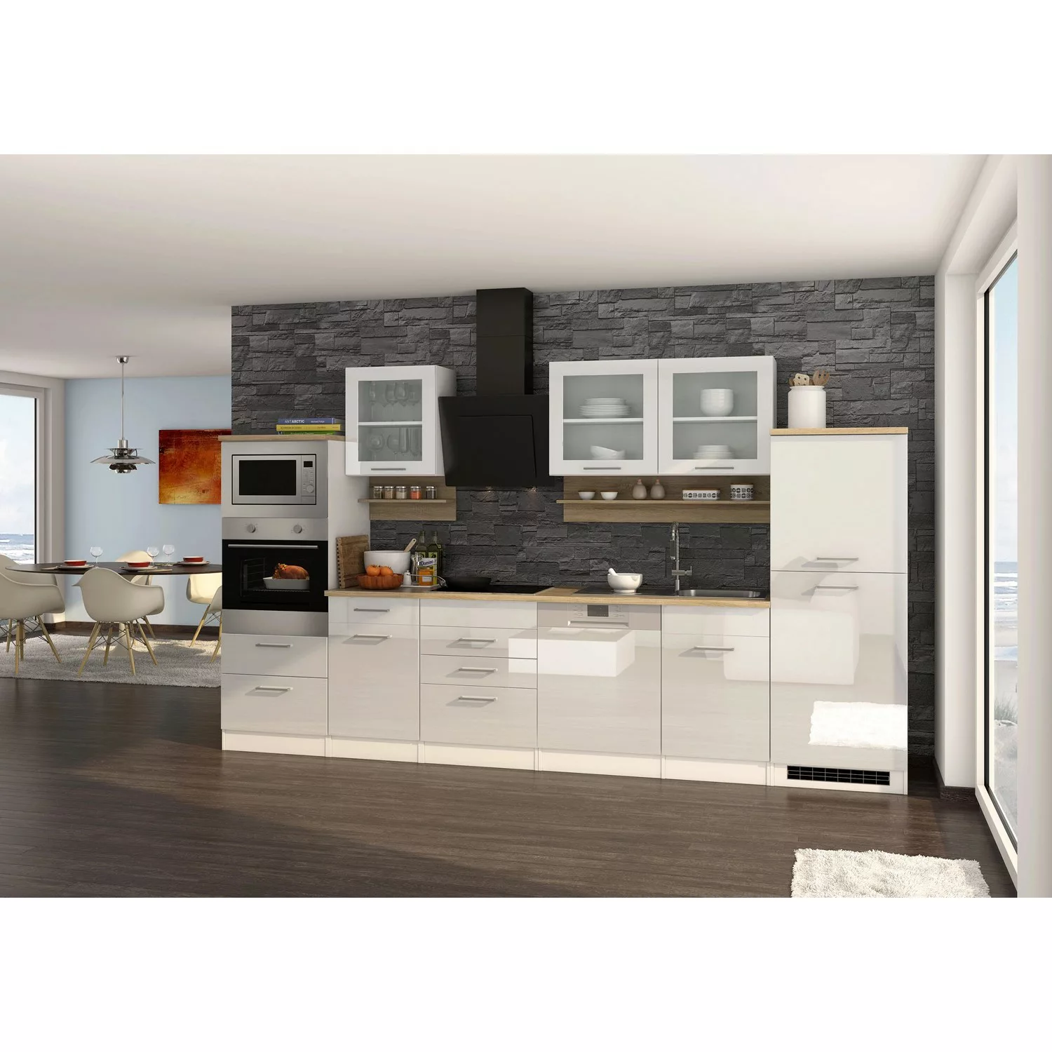 Held Möbel Küchenzeile Mailand 340 cm Grau Hochglanz-Grau Matt mit E-Geräte günstig online kaufen