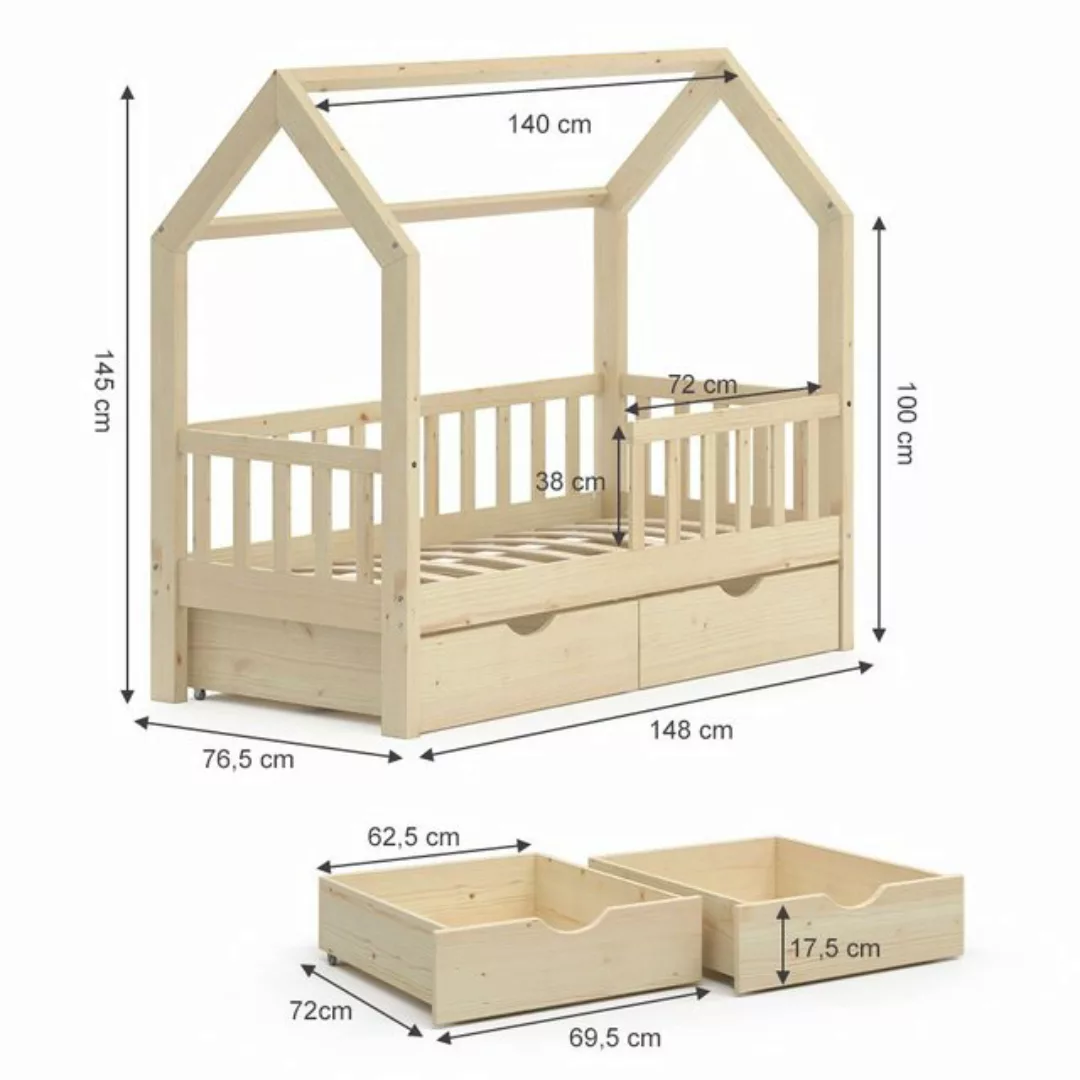 VitaliSpa® Hausbett Kinderbett Spielbett Wiki 70x140 Lattenrost 2 Schublade günstig online kaufen