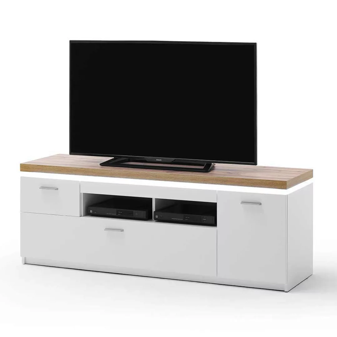 TV Board in Weiß und Wildeiche Optik LED Beleuchtung günstig online kaufen