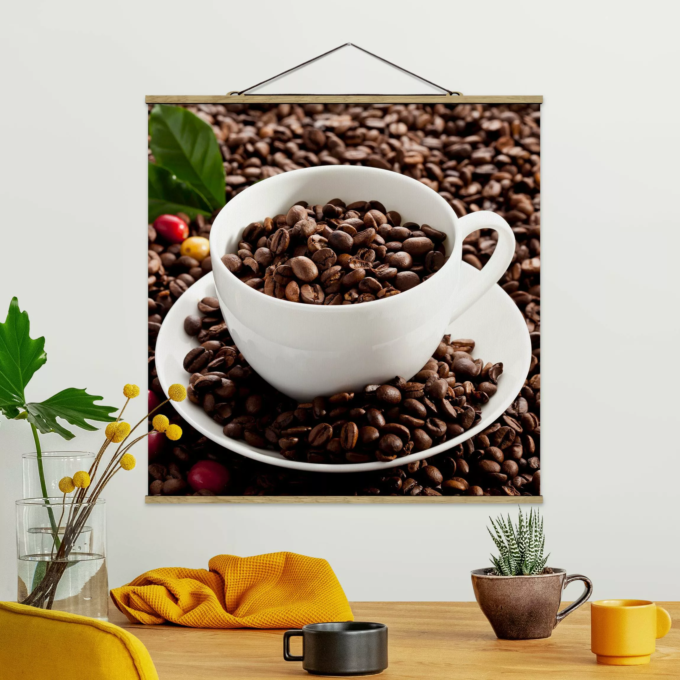 Stoffbild Küche mit Posterleisten - Quadrat Kaffeetasse mit gerösteten Kaff günstig online kaufen