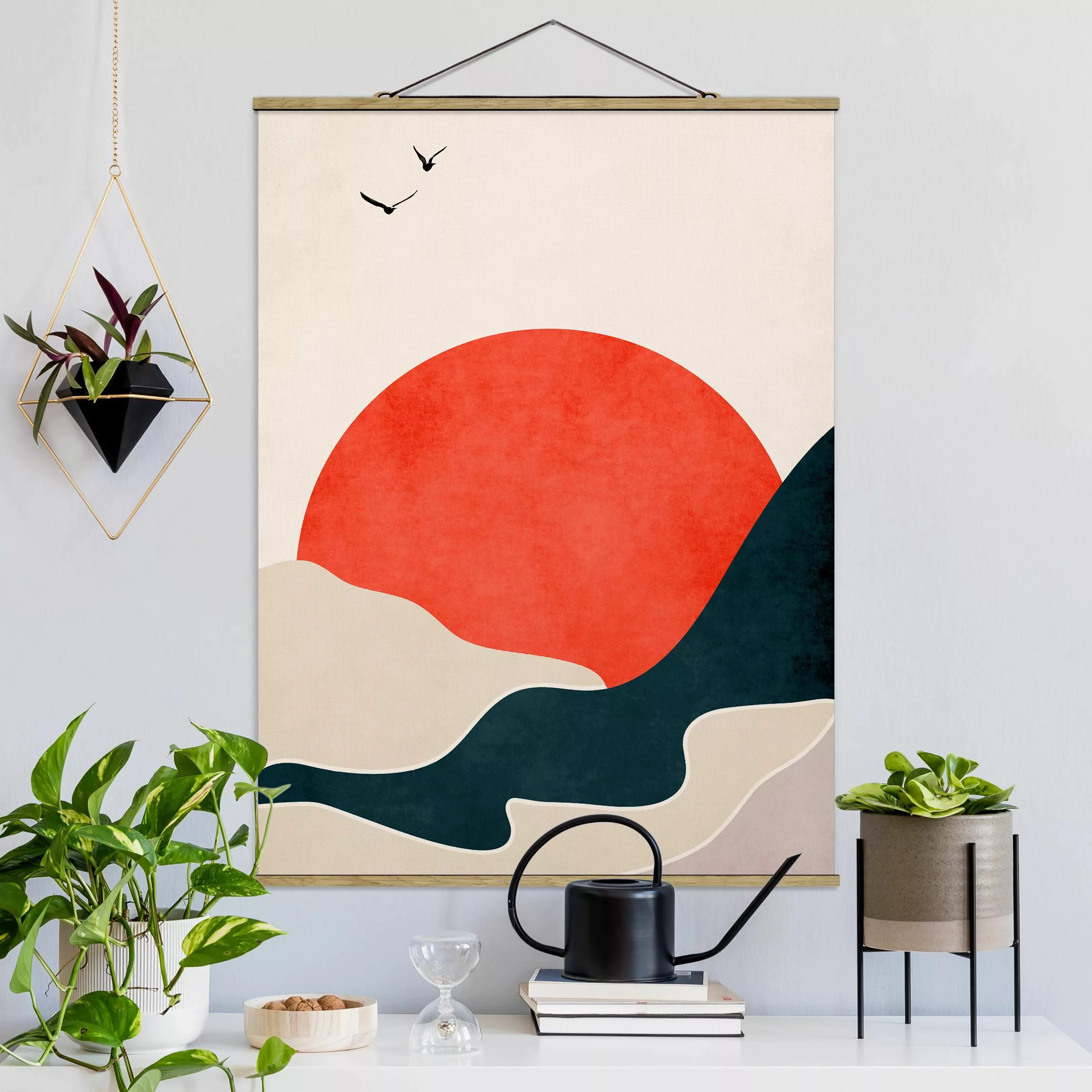 Stoffbild mit Posterleisten Berge in rotem Sonnenuntergang günstig online kaufen