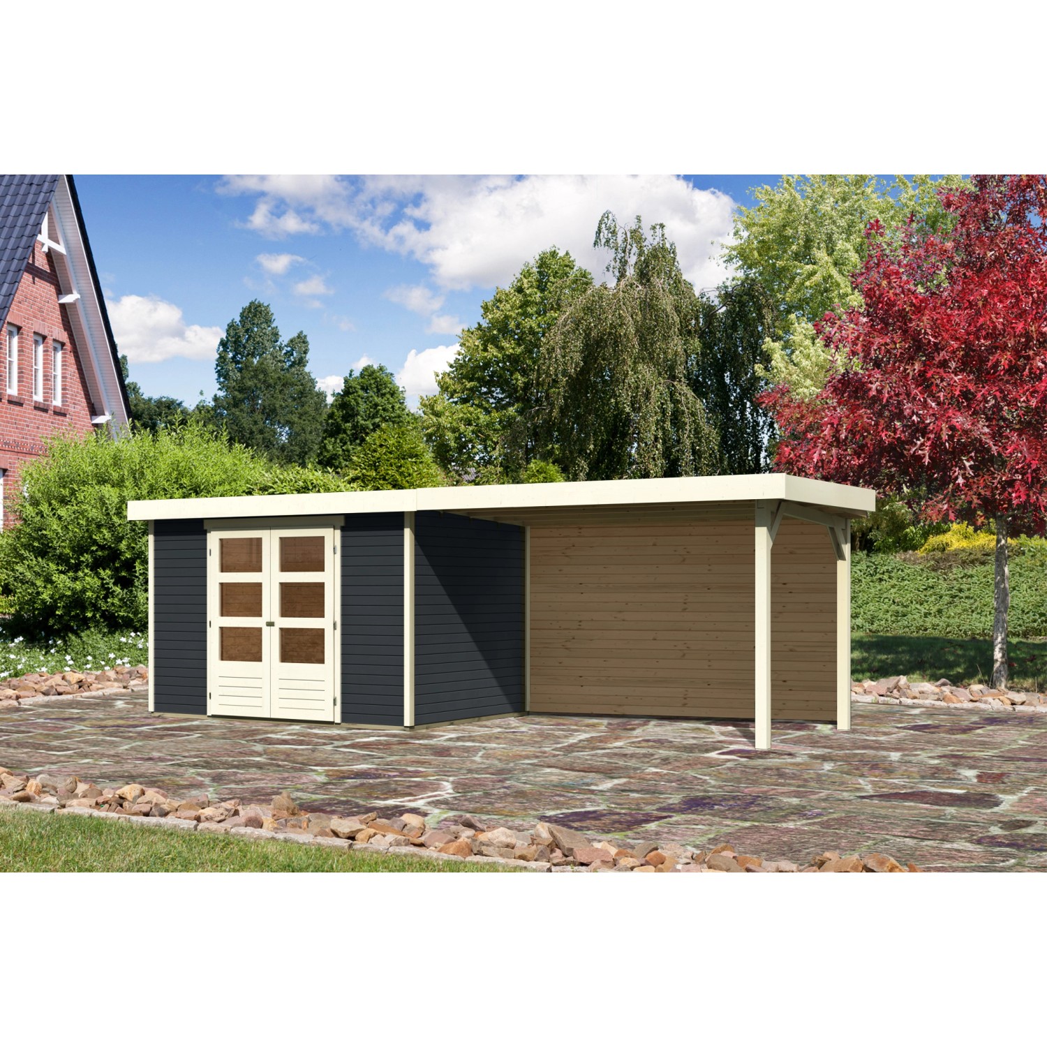 Karibu Gartenhaus/Gerätehaus Boras 4 Anthrazit 557cm x 217 cm mit Anbaudach günstig online kaufen