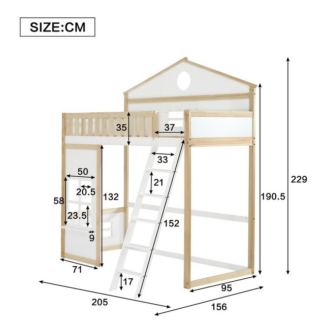 Flieks Hochbett Kinderbett Hausbett 90x200cm mit Dach, Fenster und oberem L günstig online kaufen