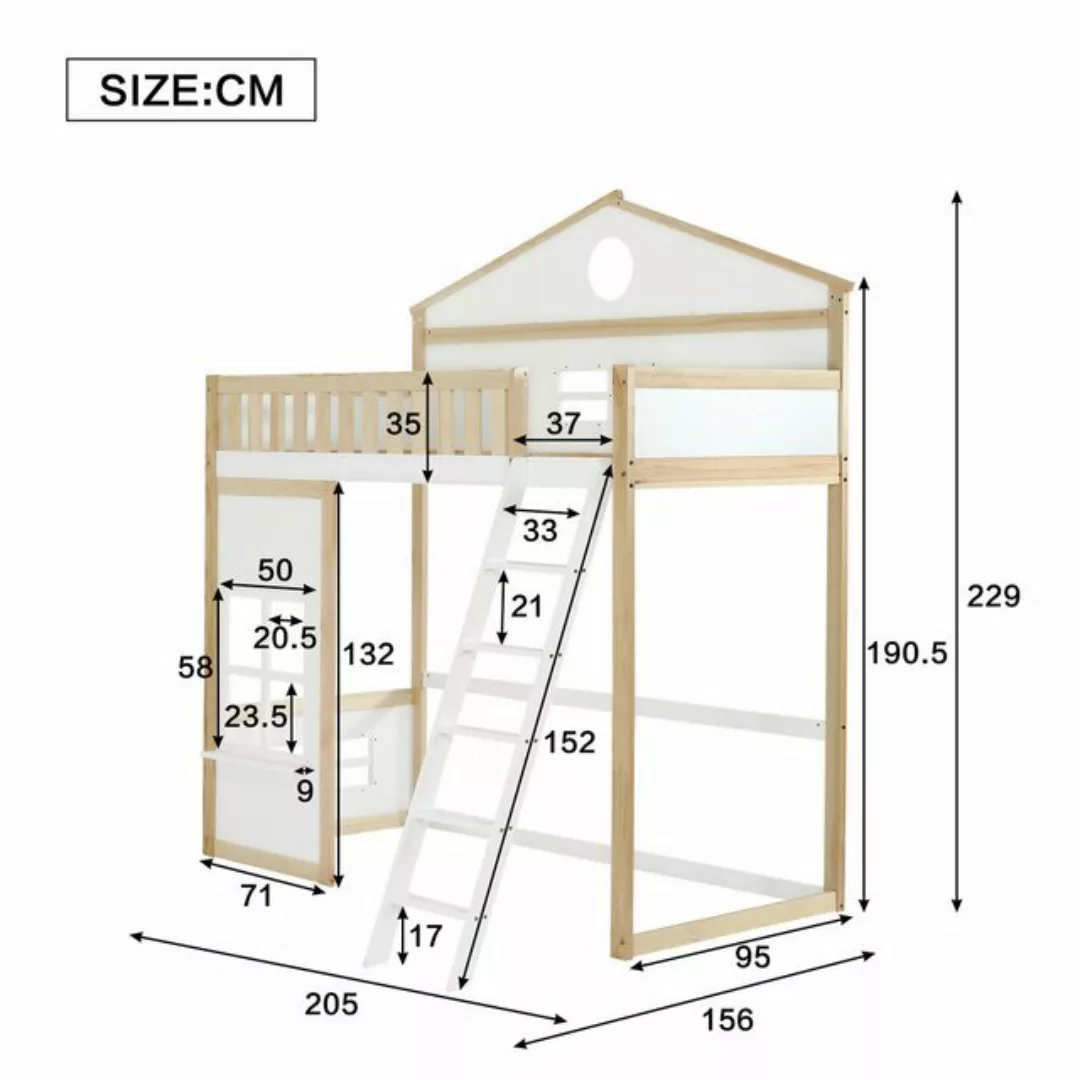 KoDise Kinderbett mit Treppe, Dach und Fenster, Fallschutz und Gitter, Weiß günstig online kaufen