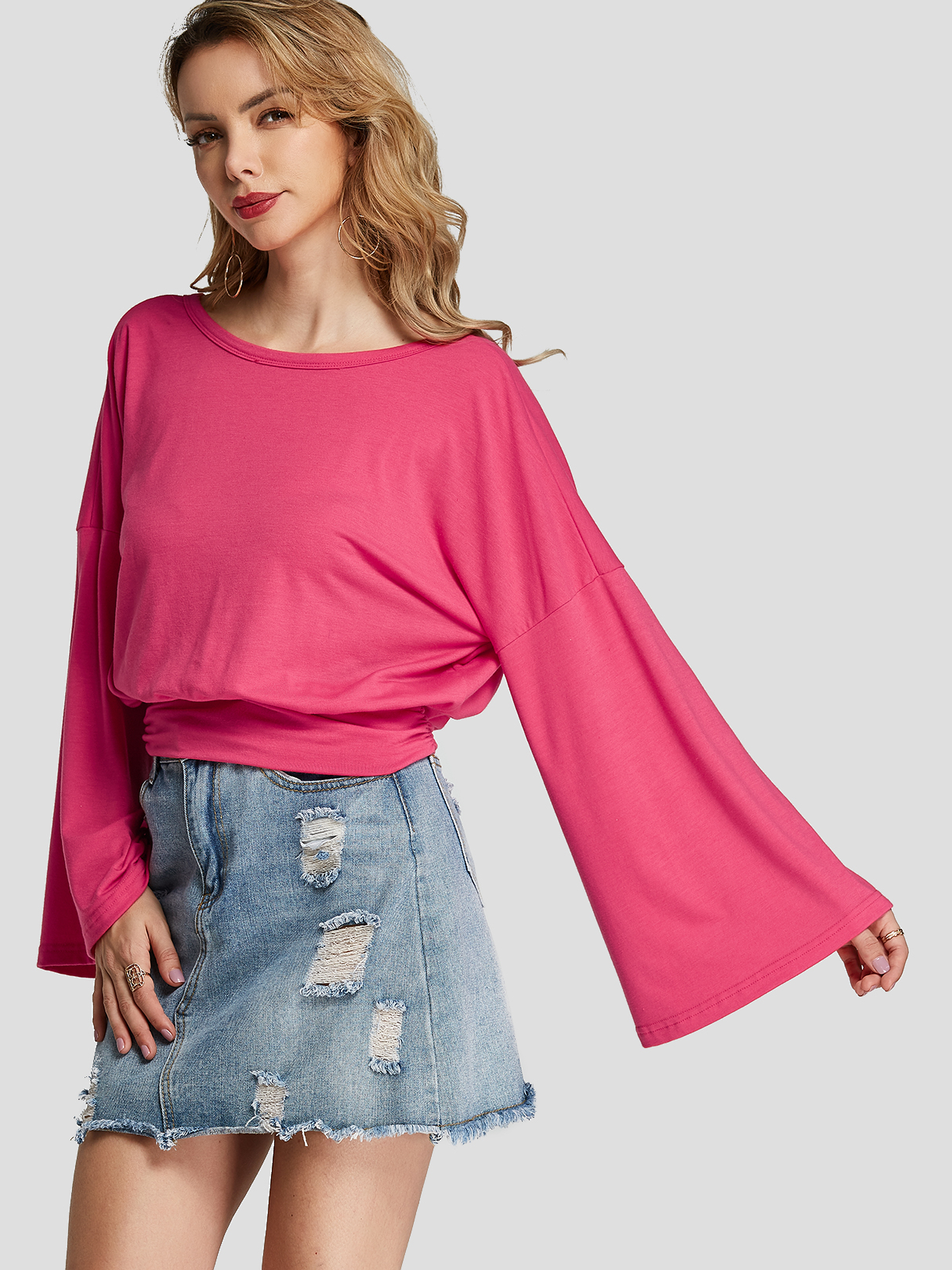 Rose Crossed Front Design T-Shirt mit Glockenärmeln und V-Ausschnitt günstig online kaufen