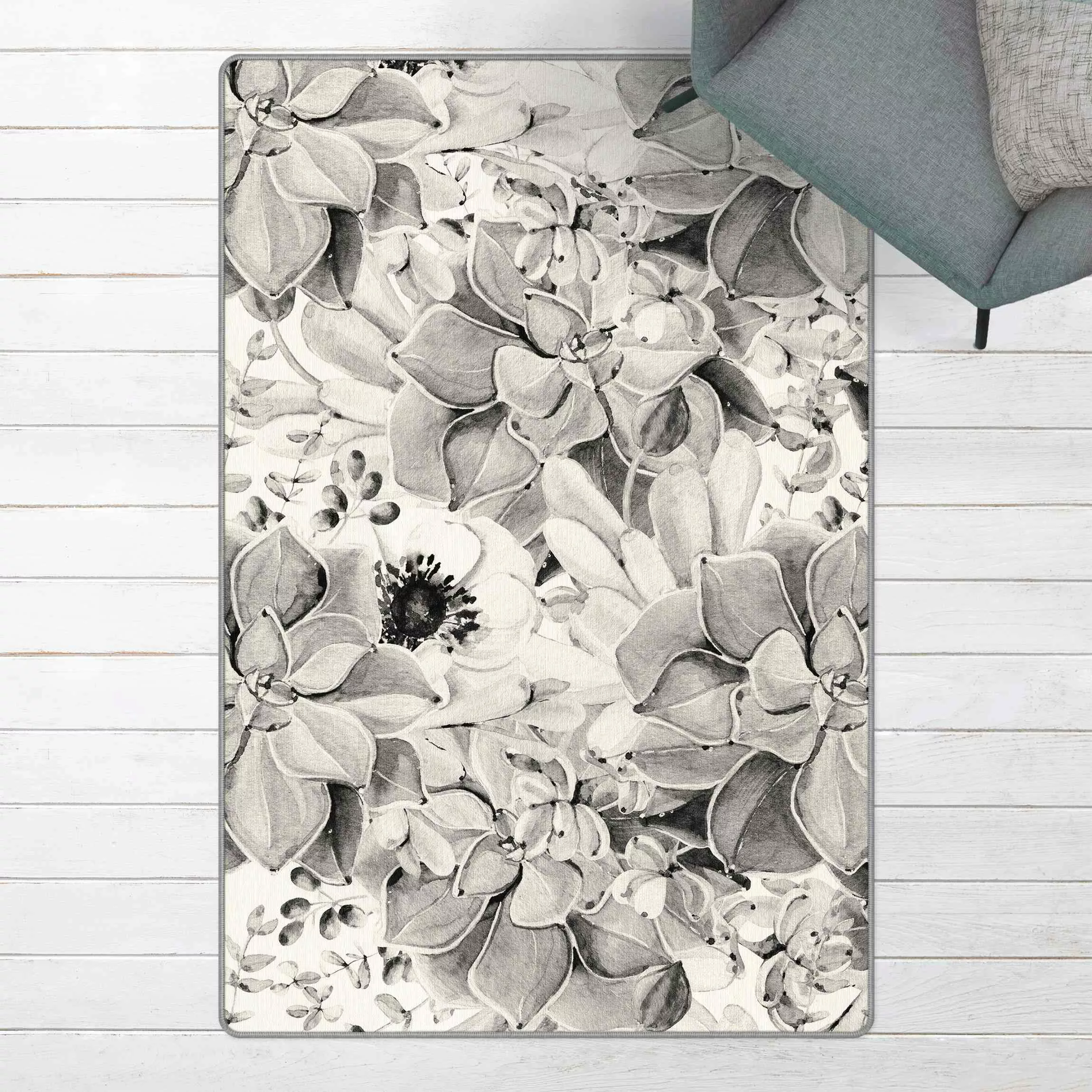 Teppich Aquarell Sukkulente mit Blüte in Schwarz Weiß günstig online kaufen