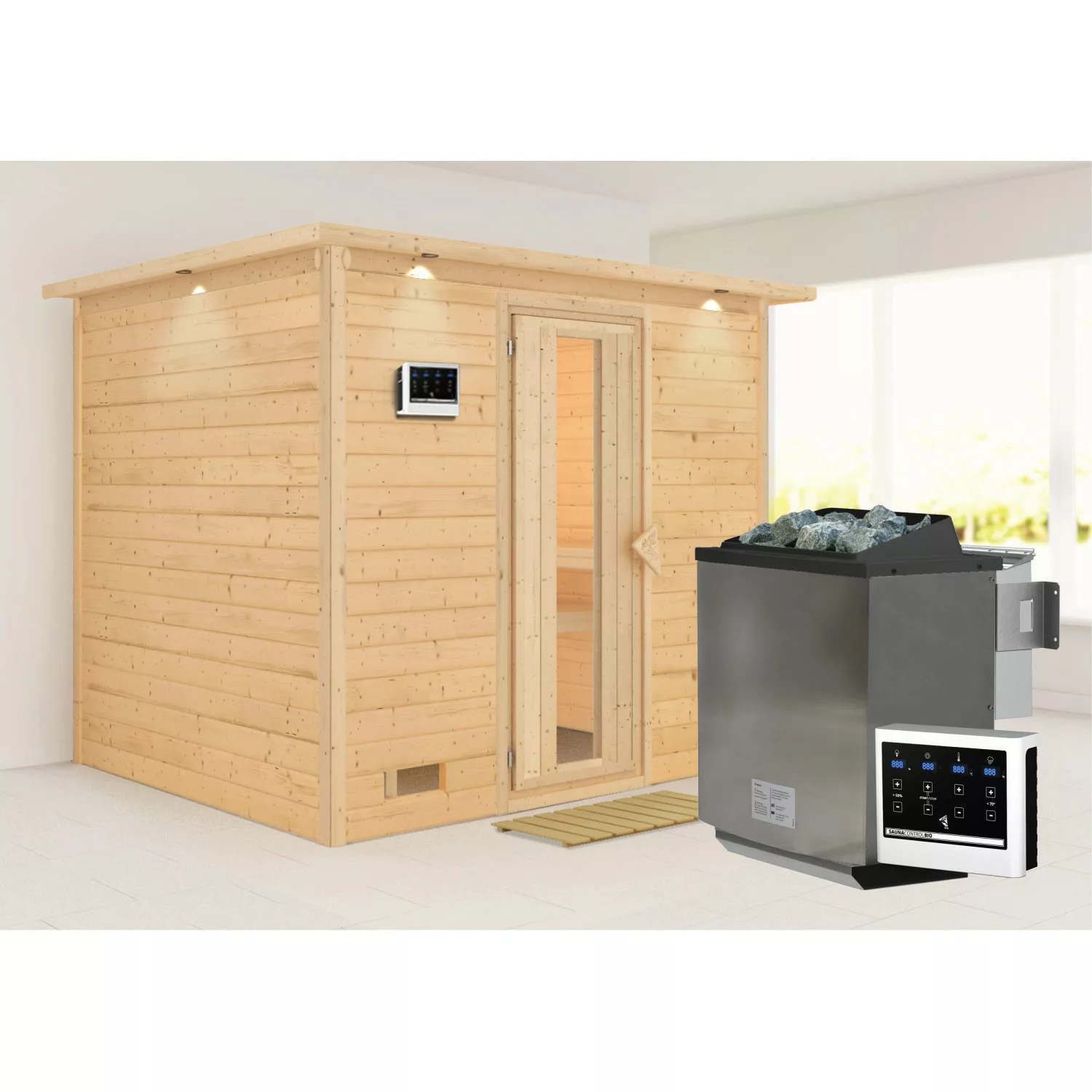 Karibu Sauna Sarina mit Bio-Ofen externe Stg.und LED-Dachkranzt Natur günstig online kaufen