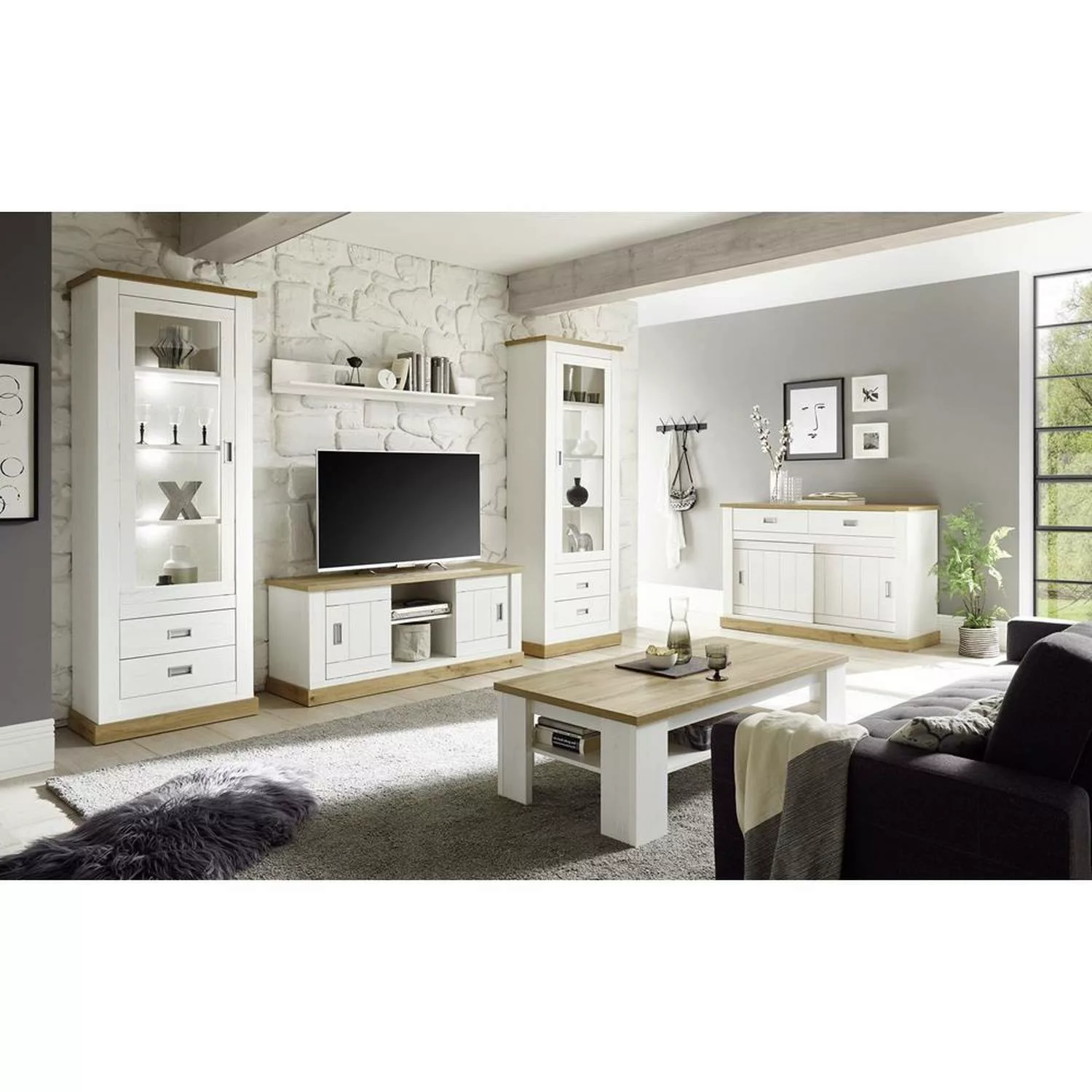 Wohnzimmer Wohnwand-Set inkl. Sideboard und Couchtisch OSIMO-61 Landhaussti günstig online kaufen