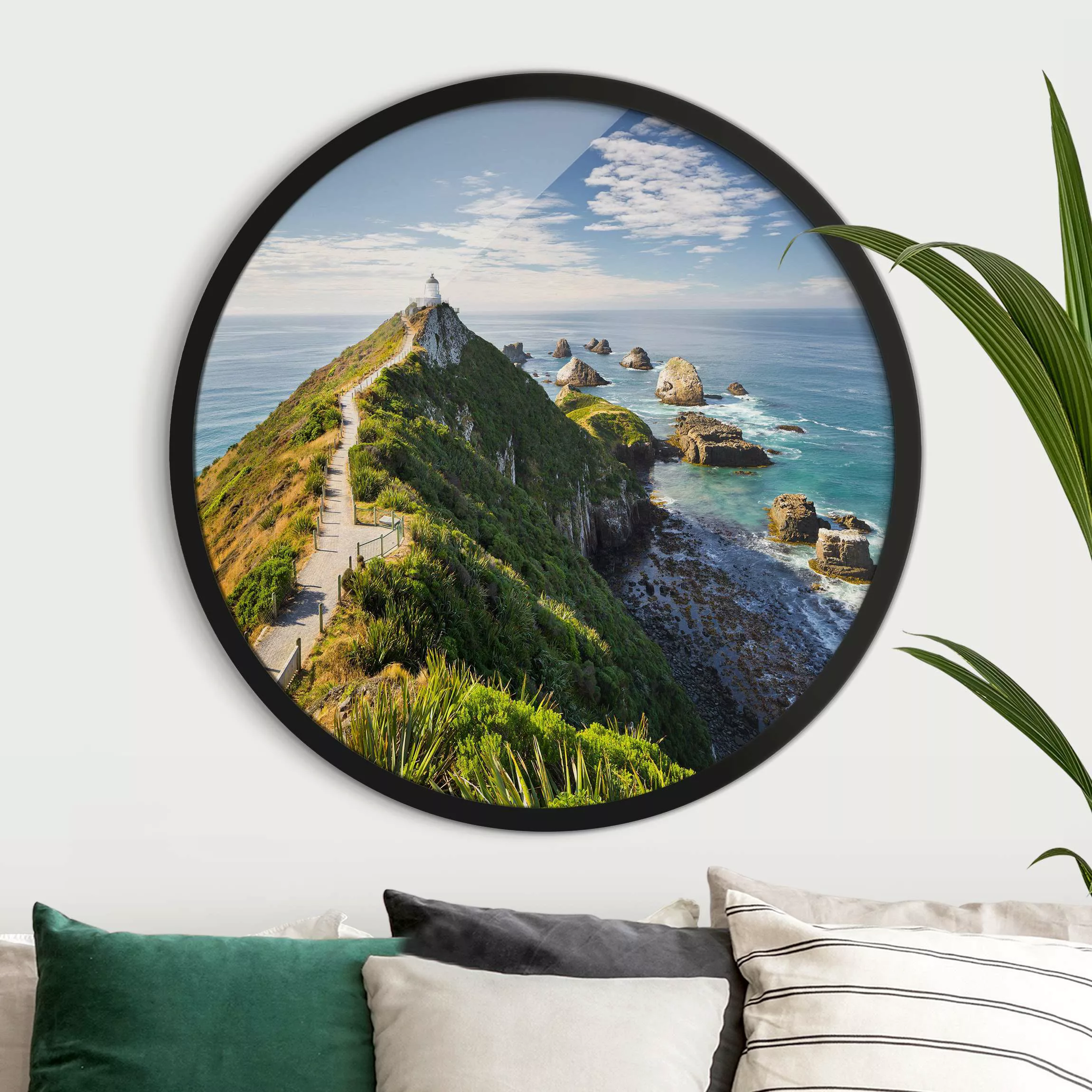Rundes Gerahmtes Bild Nugget Point Leuchtturm und Meer Neuseeland günstig online kaufen