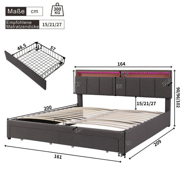 HAUSS SPLOE Polsterbett 160*200cm mit LED-Beleuchtung,Schubladen und Staufä günstig online kaufen