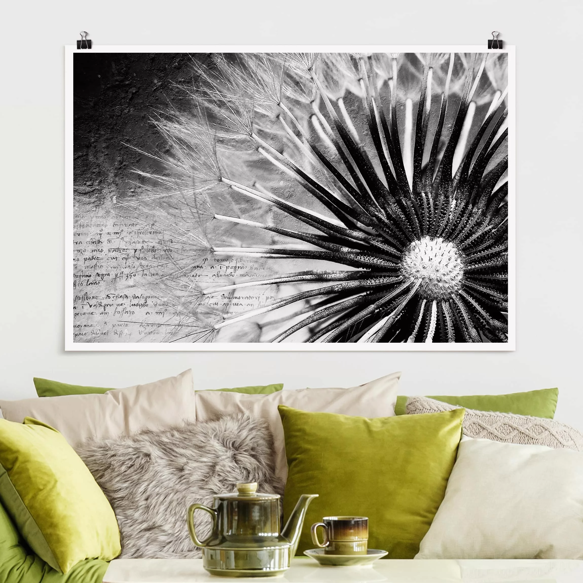 Poster Blumen - Querformat Pusteblume Schwarz & Weiß günstig online kaufen