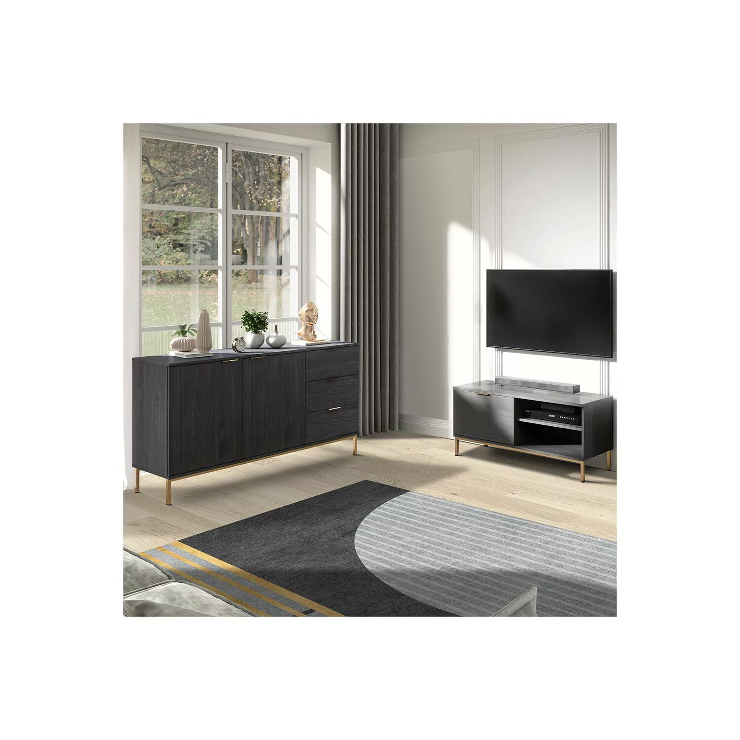 Wohnmöbel Set, Sideboard & TV Lowboard, in Esche schwarz Nb. PERIA-132 günstig online kaufen