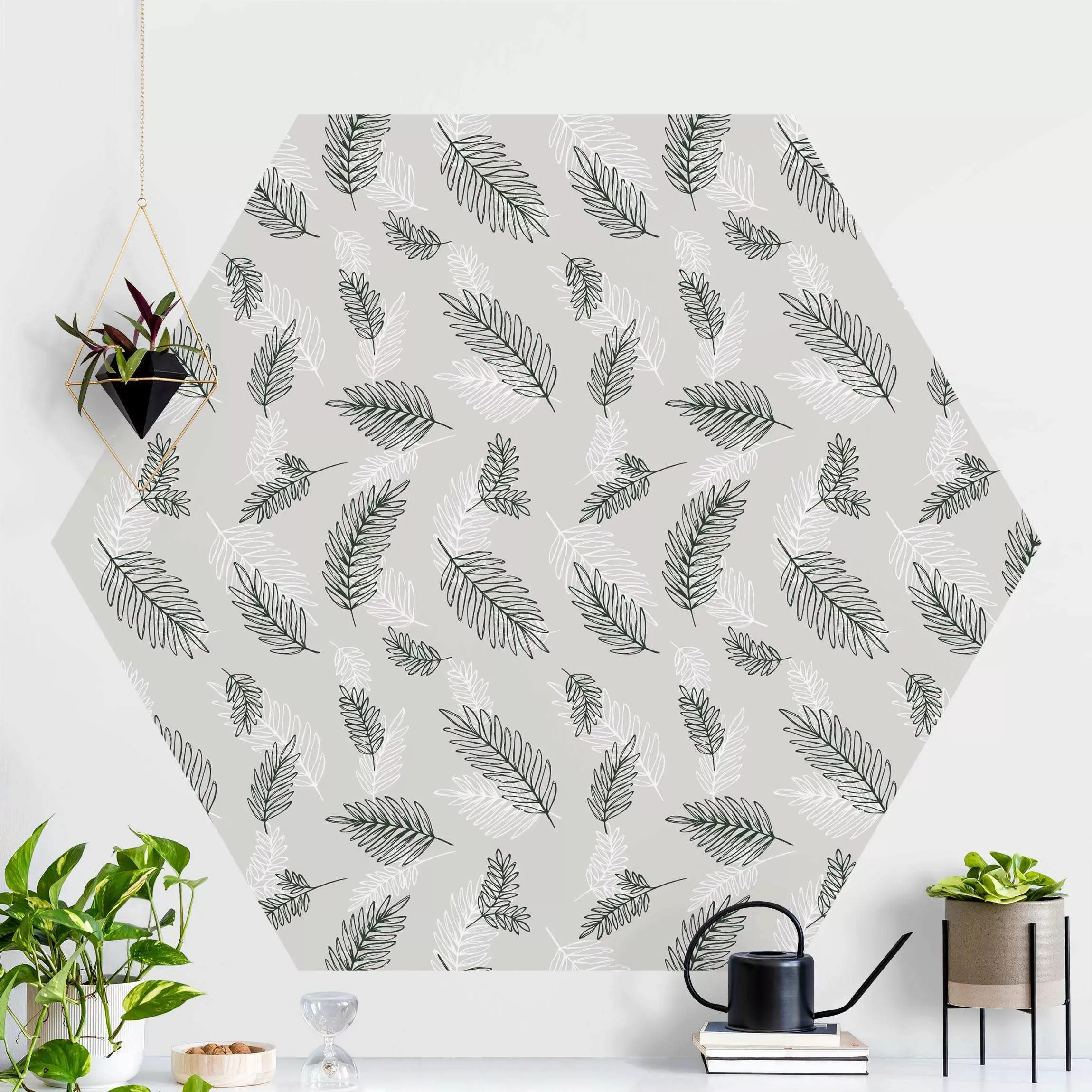 Hexagon Mustertapete selbstklebend Illustrierte Blätter Muster Grün Beige günstig online kaufen